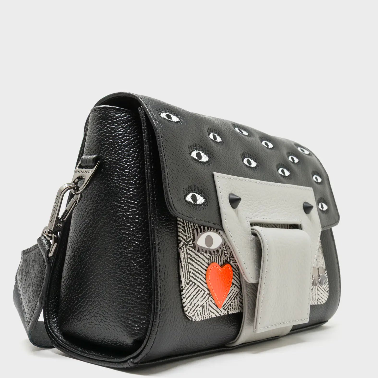 Cael Black and Moonwalk Gray Mini Shoulder Bag - All Over Eyes Embroidery - Detail View