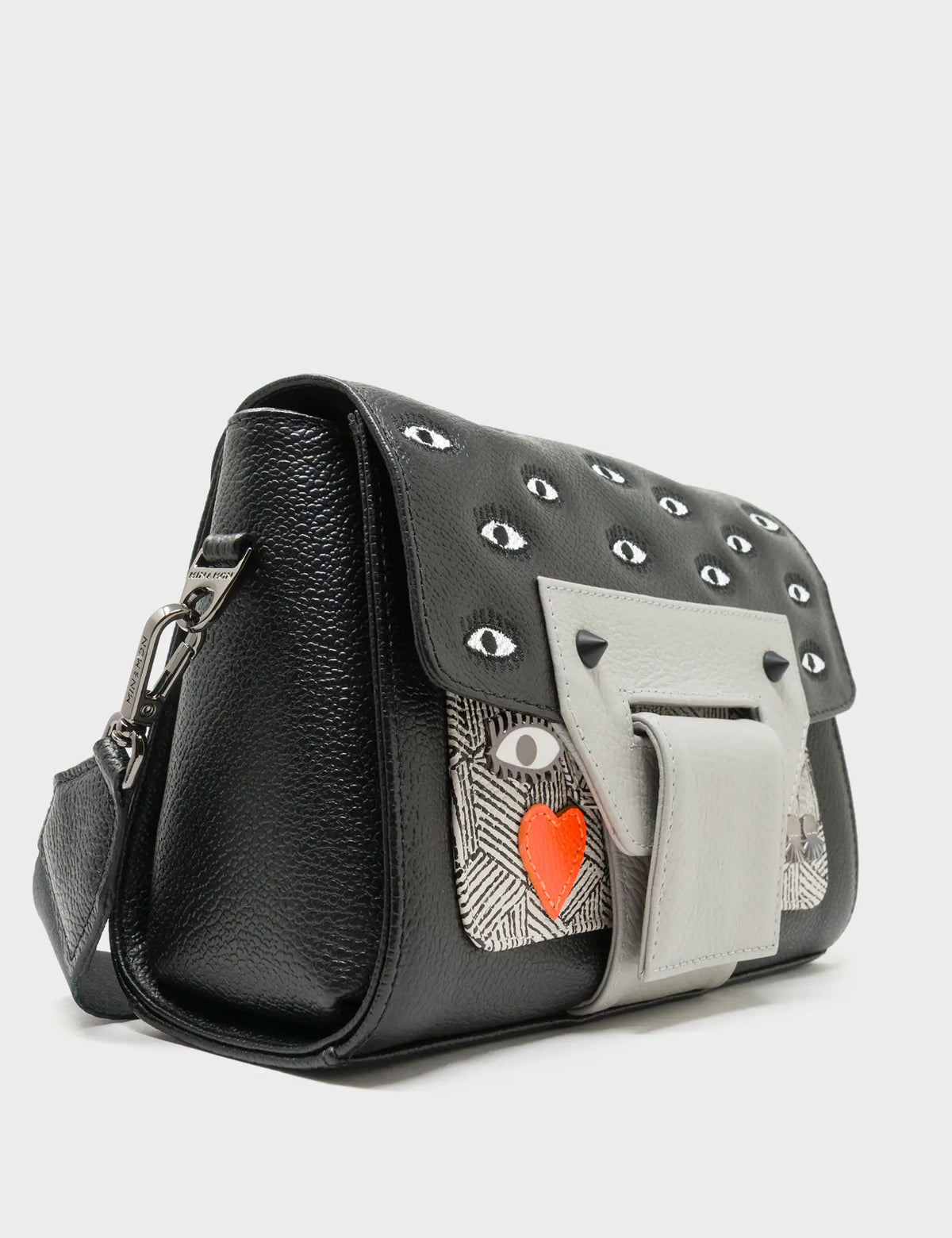 Cael Black and Moonwalk Gray Mini Shoulder Bag - All Over Eyes Embroidery - Detail View