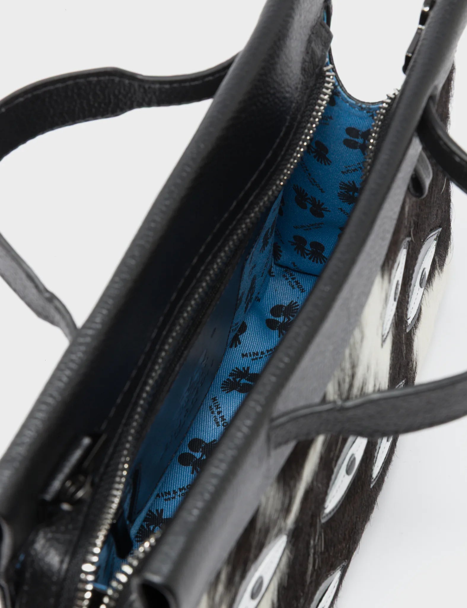 Vali Crossbody Small Black Leather Bag - Eyes Applique Adjustable Handle - Spotted Fur Inside View