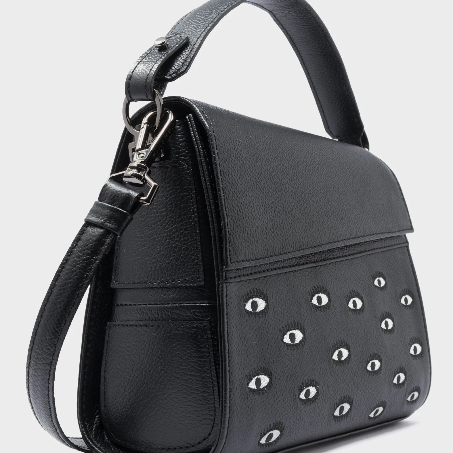 Anastasio Mini Crossbody Handbag Black Leather - All Over Eyes Embroidery - Detail View