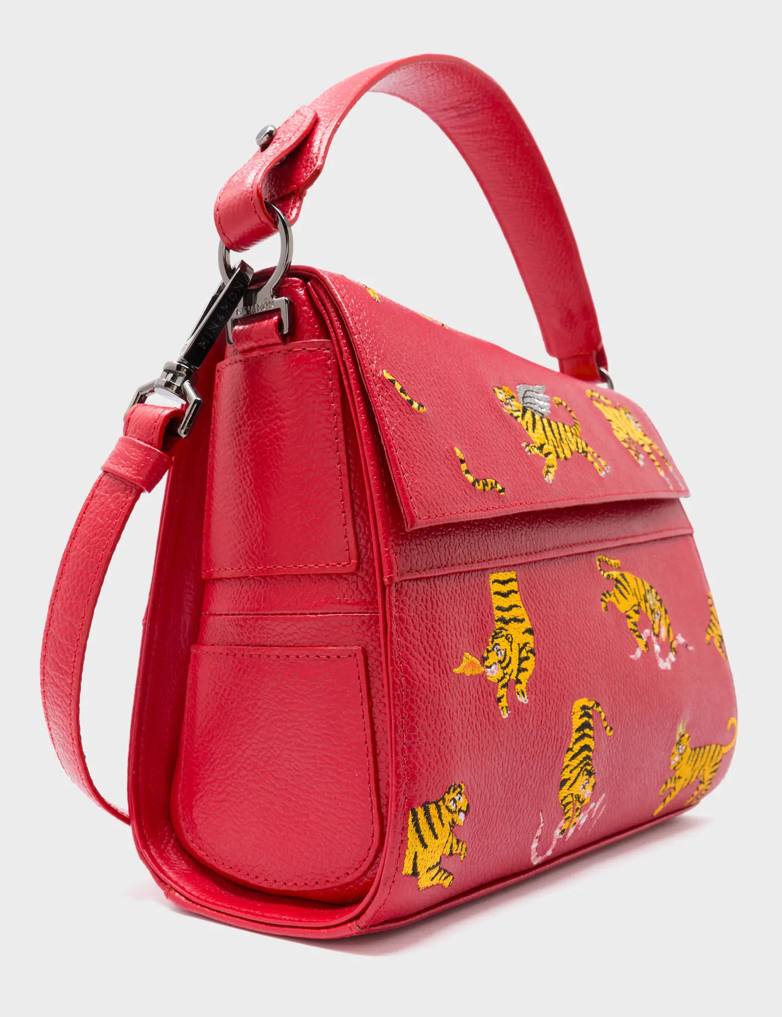 Anastasio Mini Crossbody Handbag Jester Red Leather - Tigers Pattern - Side Corner View