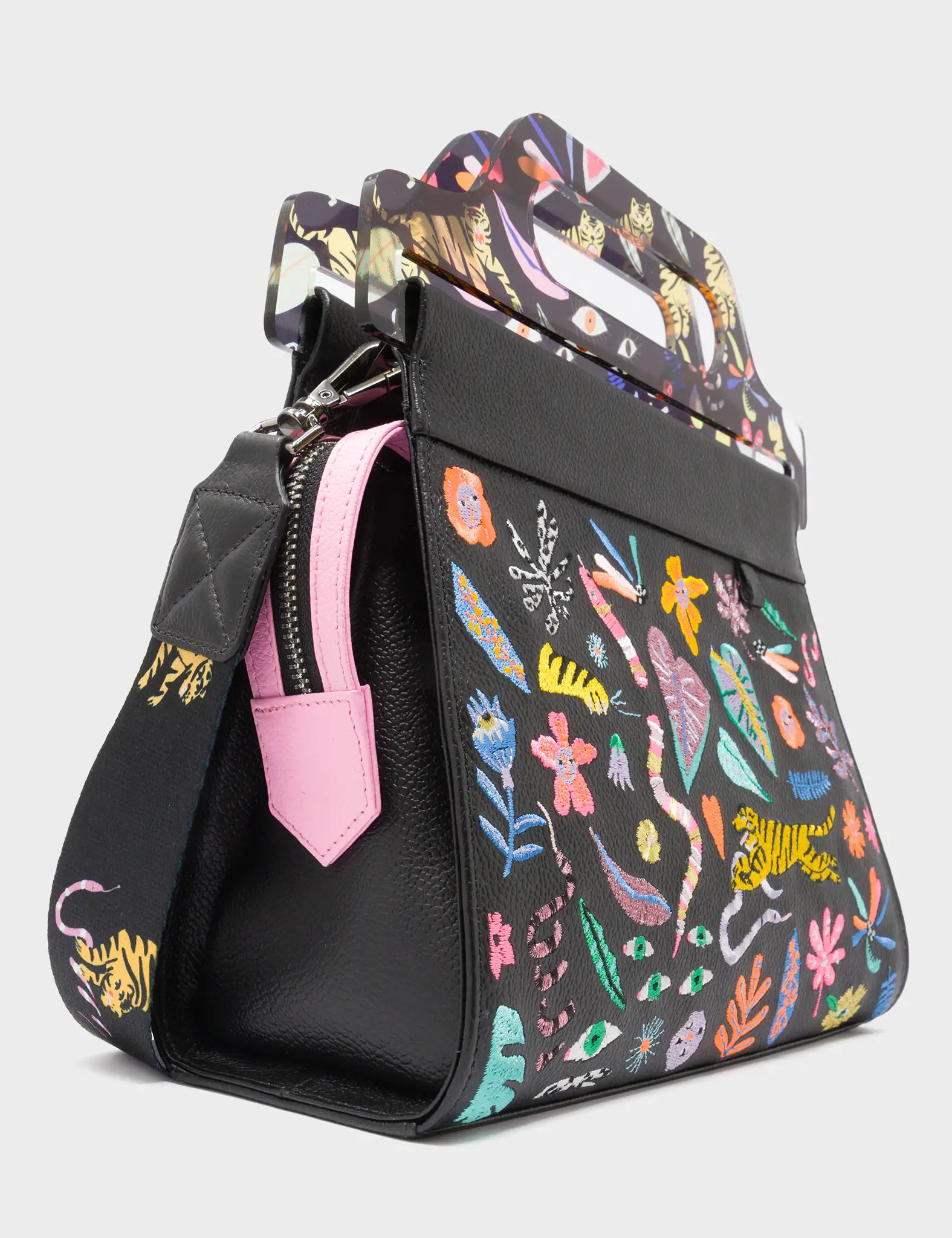 Vali Black Leather Crossbody Handbag Plastic Handle - Autumn Blush Embroidery  - Side Corner View
