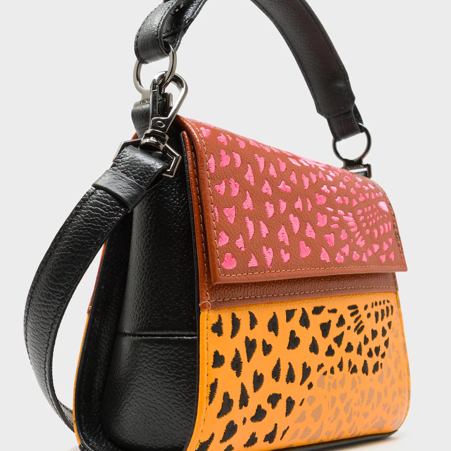 Anastasio Micro Crossbody Handbag Baked City Brown and Flamingo Orange Leather - Retro Tiger Design - Detail View