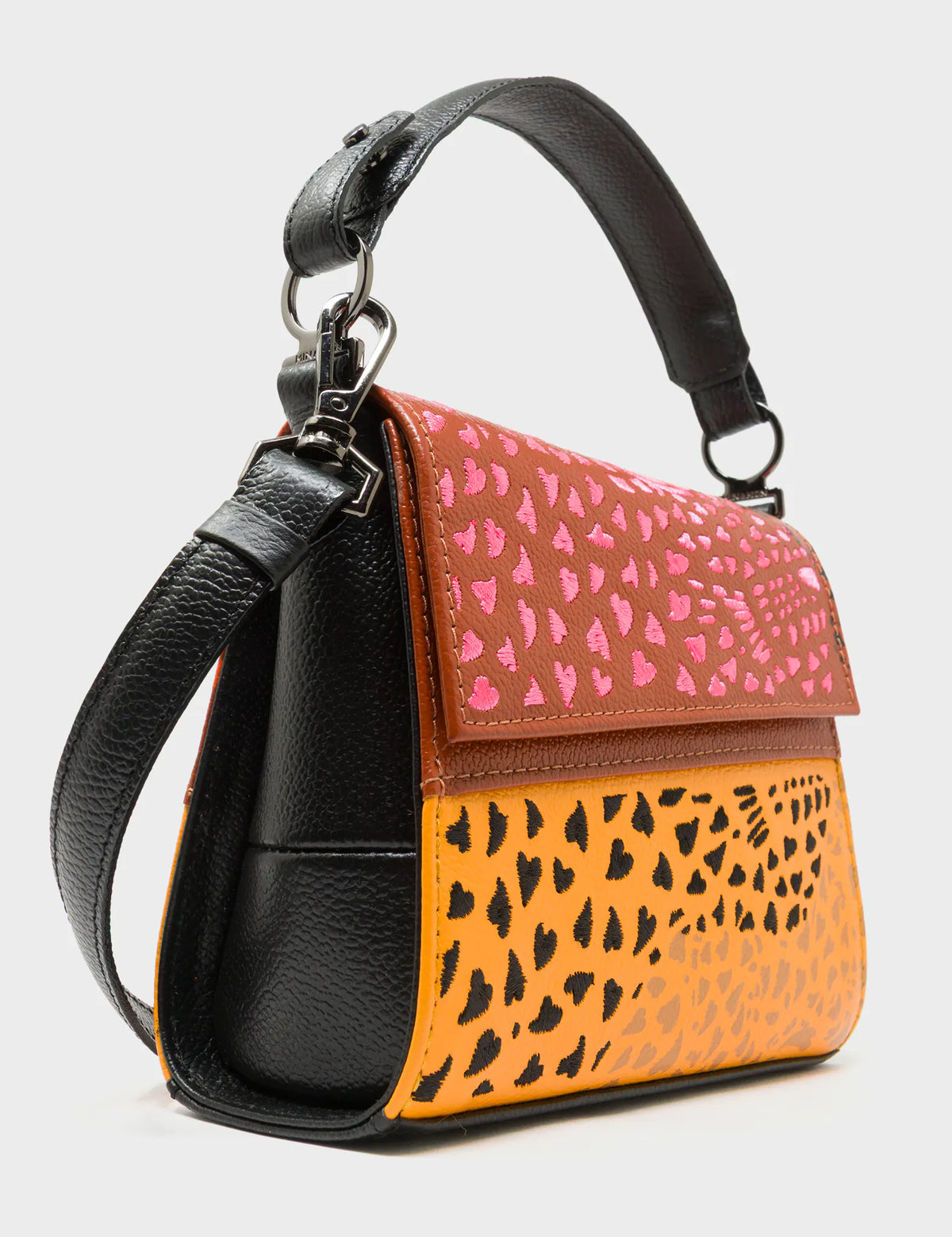 Anastasio Micro Crossbody Handbag Baked City Brown and Flamingo Orange Leather - Retro Tiger Design - Detail View