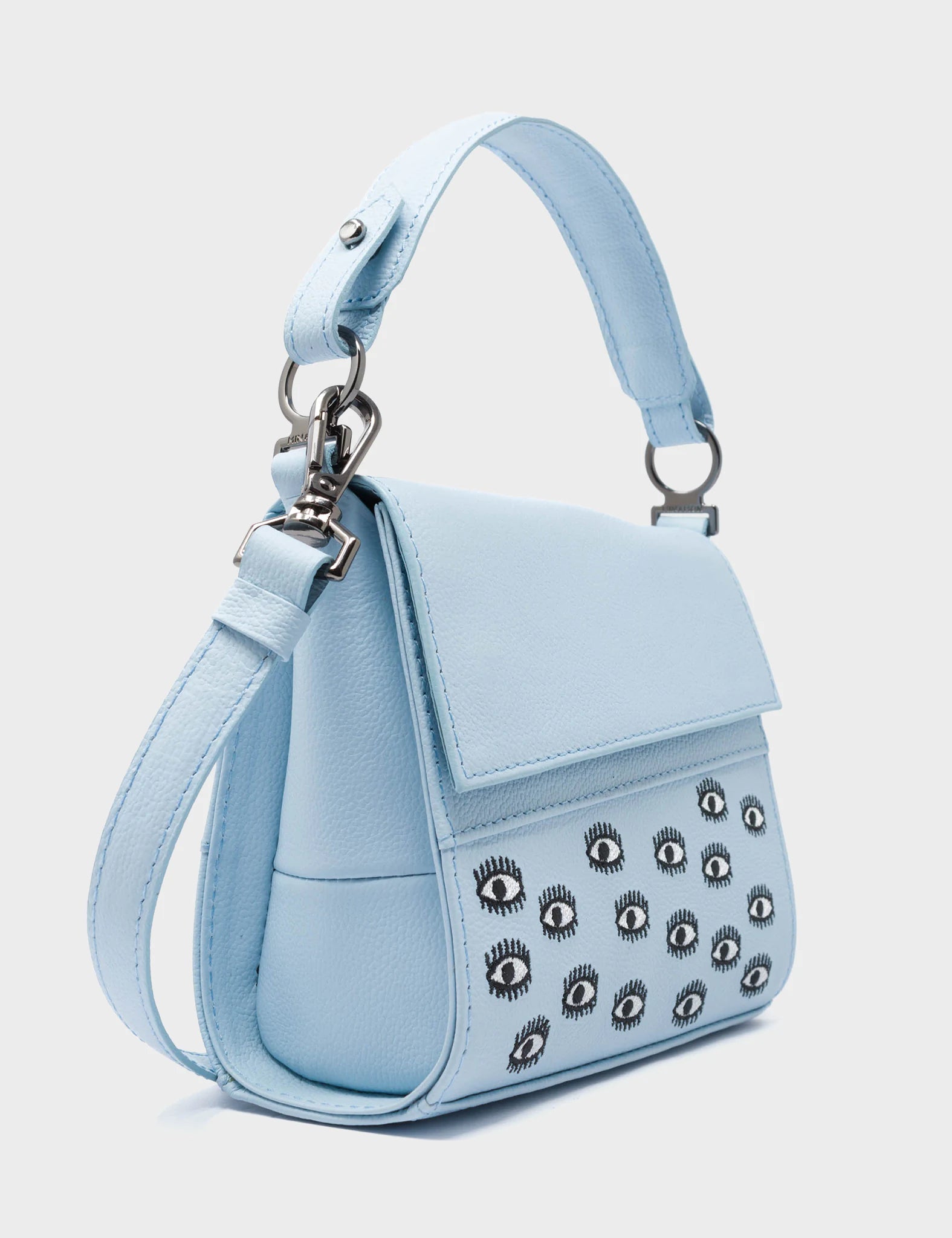 Anastasio Micro Crossbody Handbag Light Blue Leather - All Over Eyes Embroidery - Side Corner View