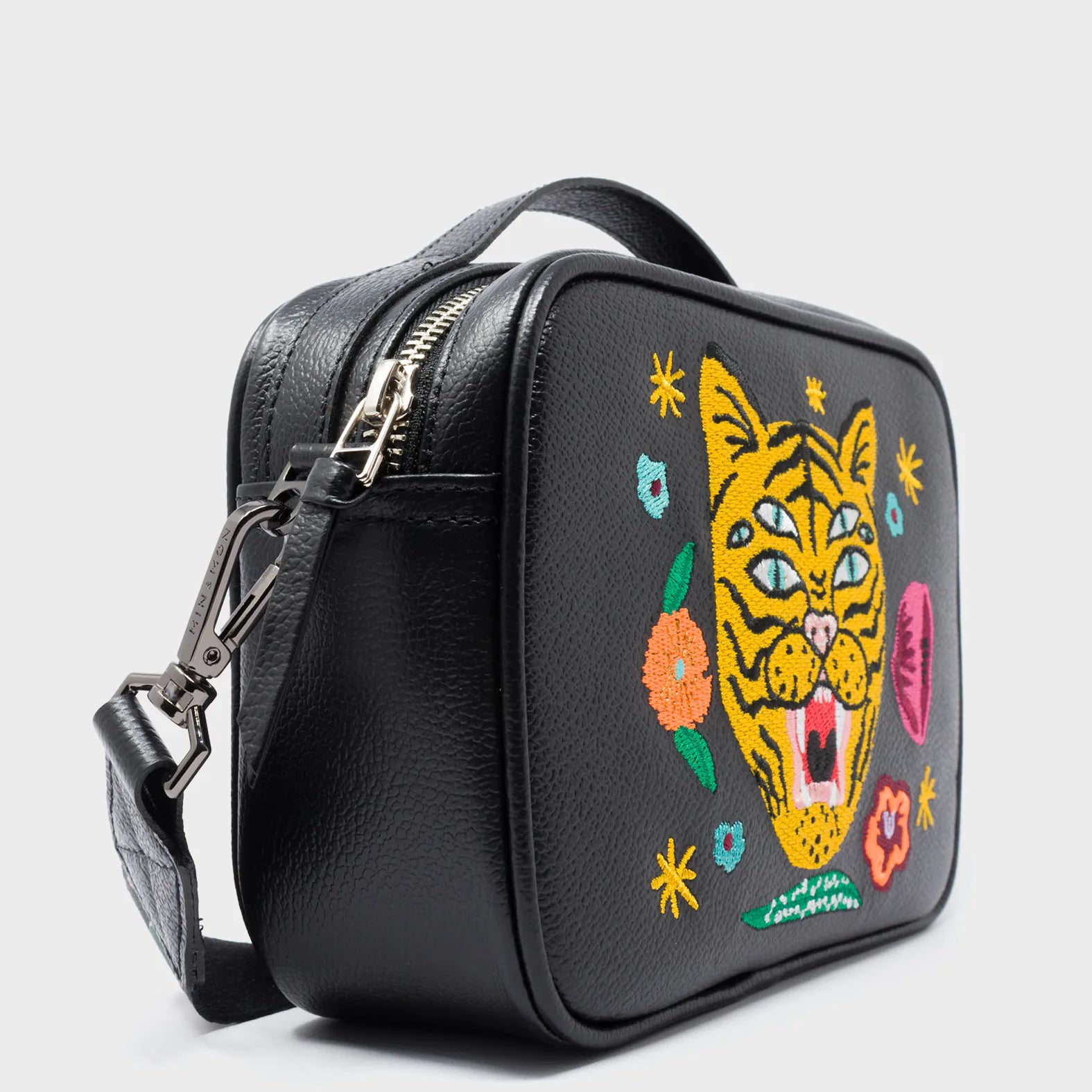 Verto Black Leather Crossbody Bag - Tiger and Flowers Embroidery - Side Corner View