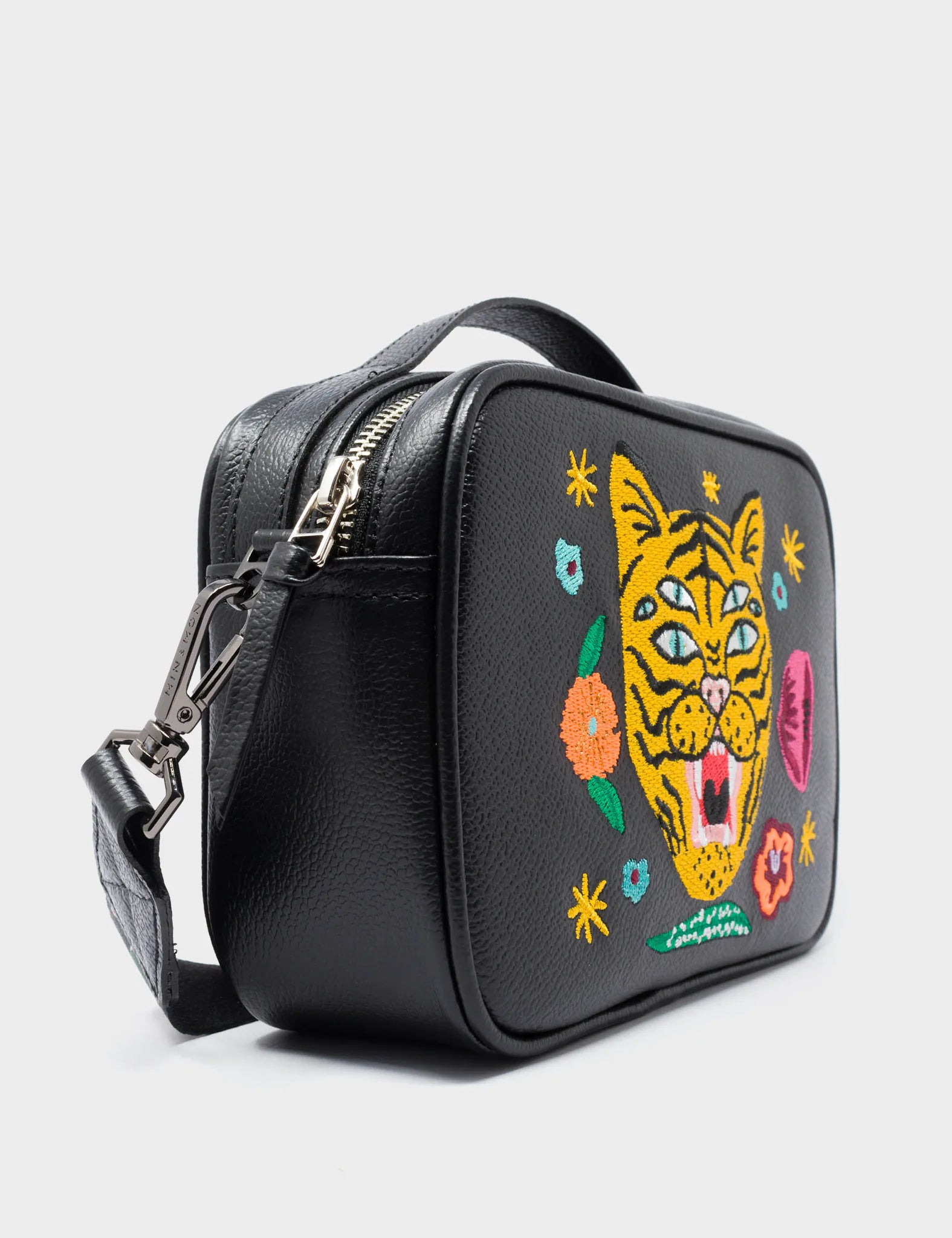 Verto Black Leather Crossbody Bag - Tiger and Flowers Embroidery - Side Corner View