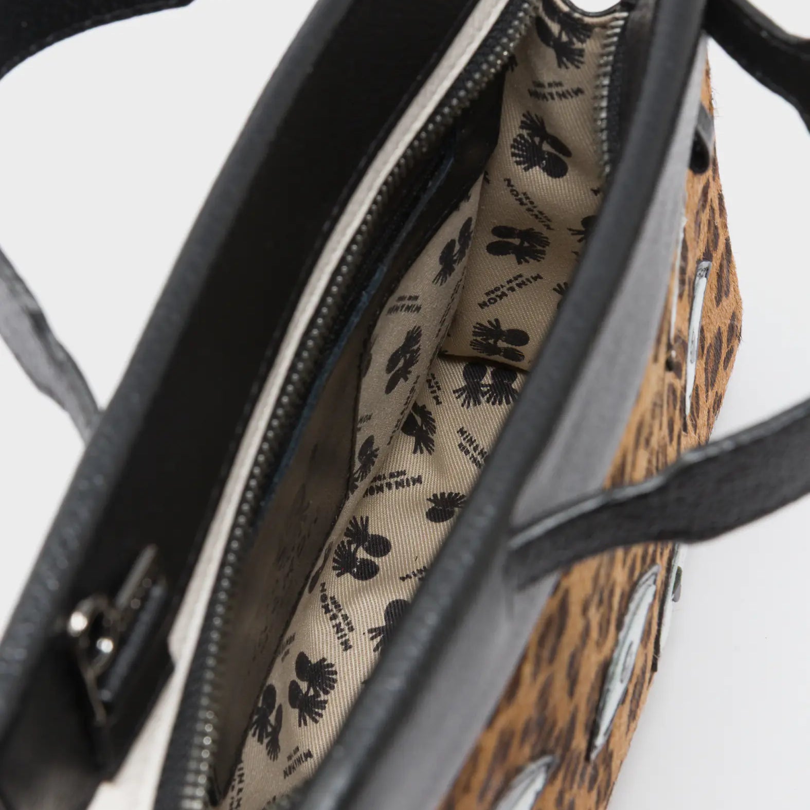 Vali Crossbody Small Animal Print Leather Bag - Eyes Applique Adjustable Handle - Inside View