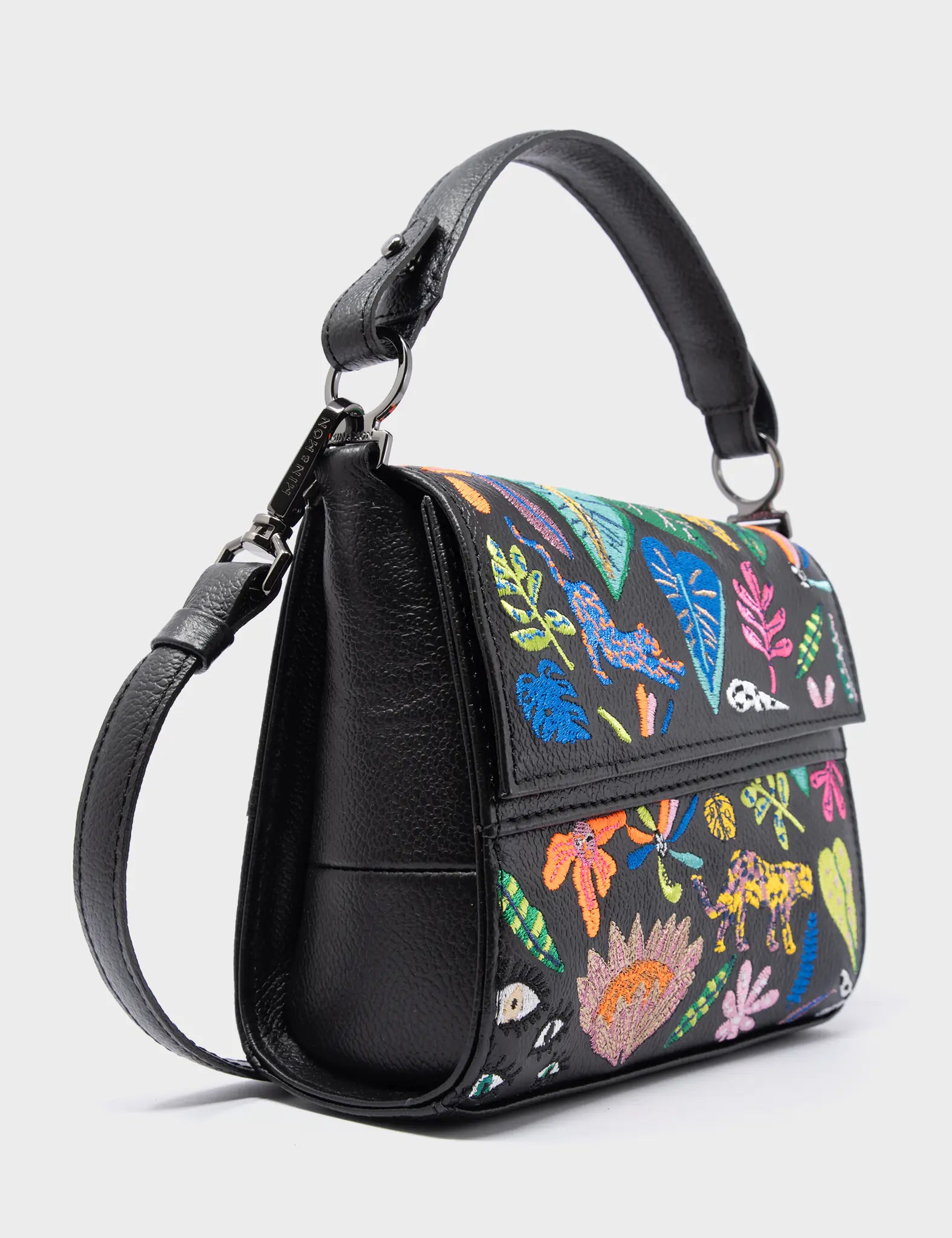 Anastasio Micro Crossbody Handbag Black Leather - El Trópico Embroidery - Side Corner View