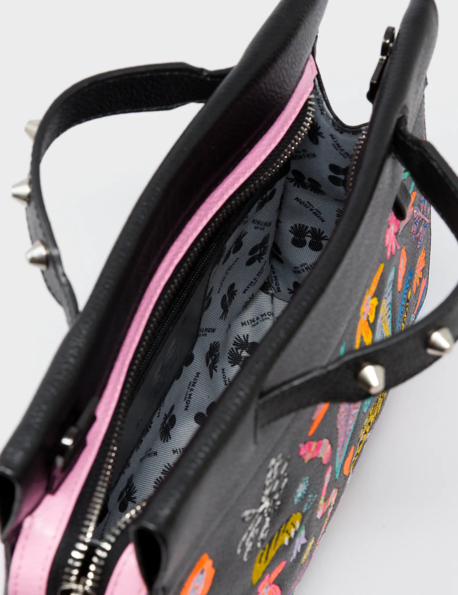 Vali Crossbody Small Black Leather Bag - Autumn Blush Embroidery - Inside View