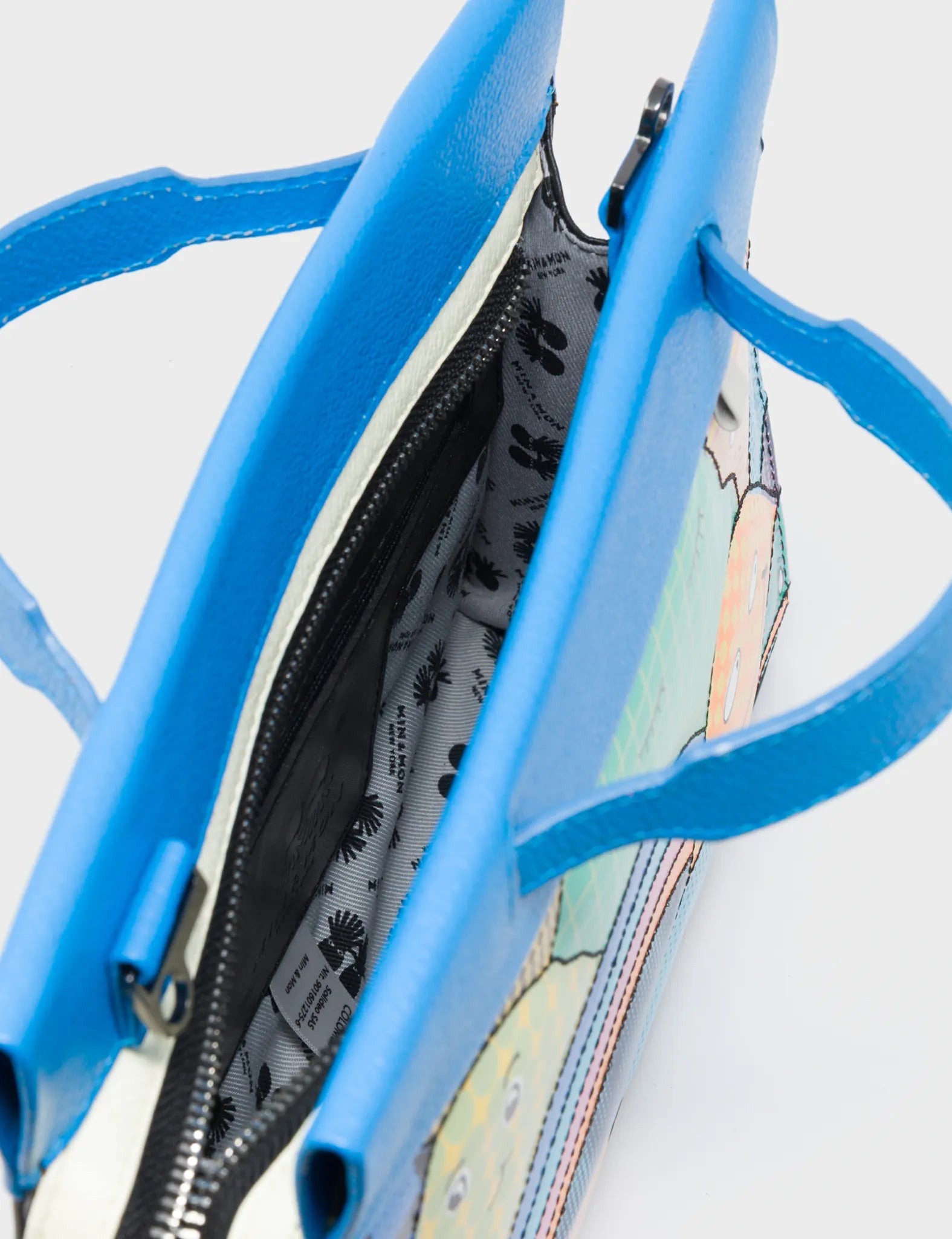 Vali Small Crossbody Ibiza Blue and Black Leather Bag - Happy Mountains Print - Inside View