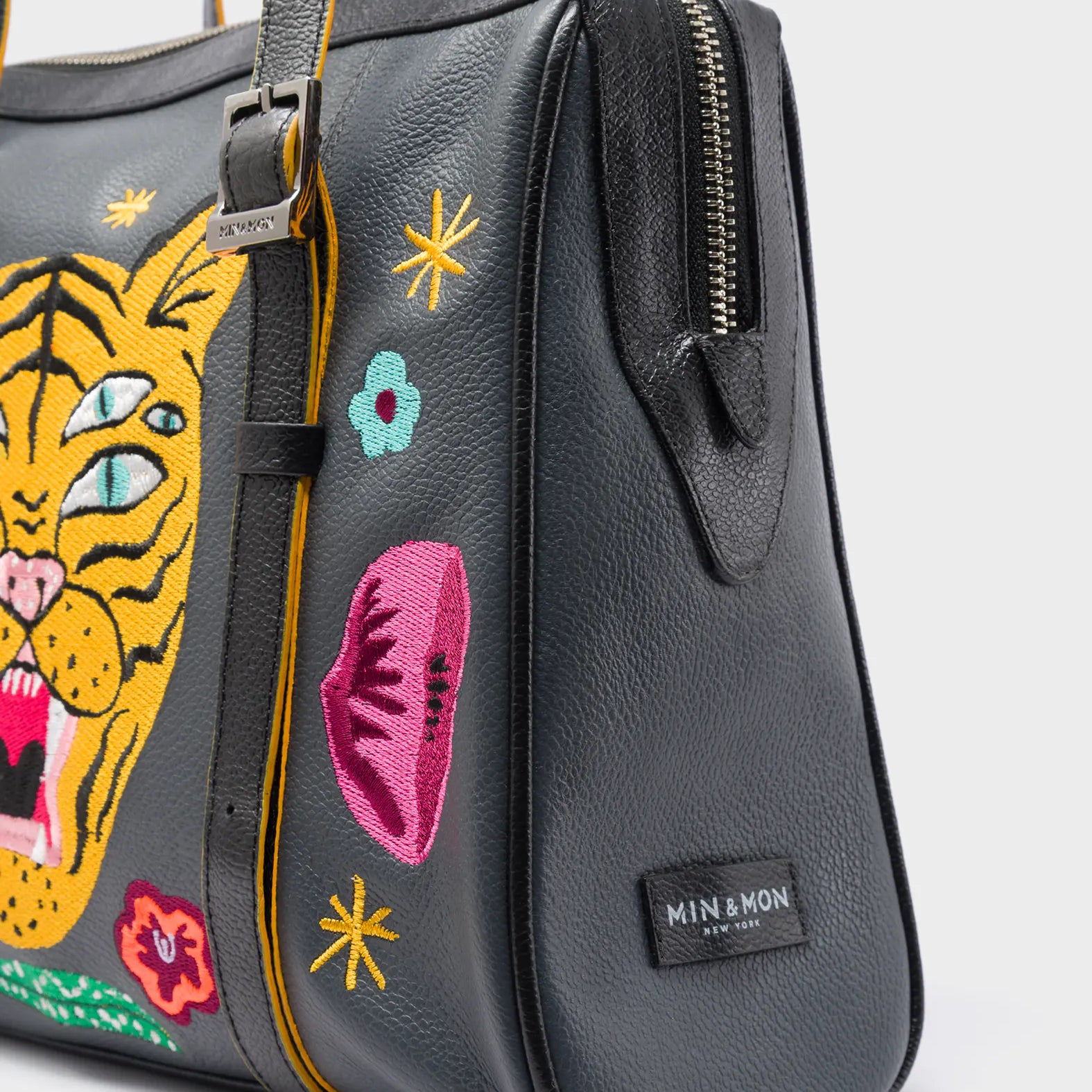 Esther Stormy Gray Satchel Bag - Happy Tiger Embroidery - Side View