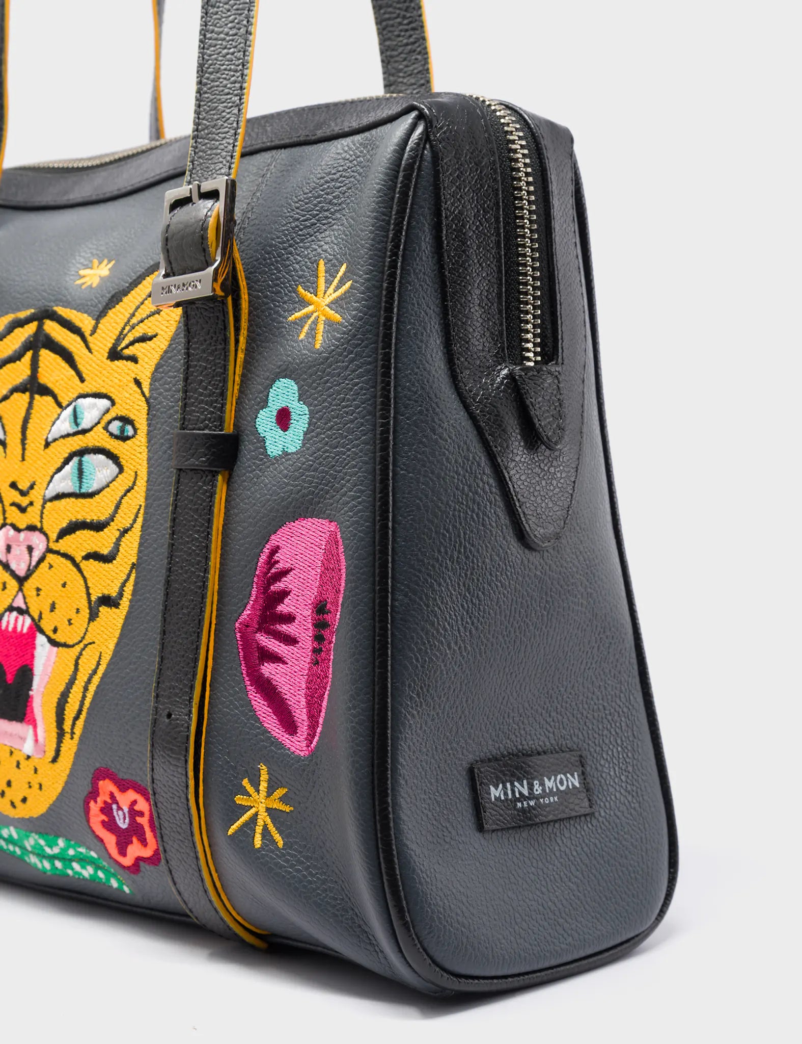 Esther Stormy Gray Satchel Bag - Happy Tiger Embroidery - Side View