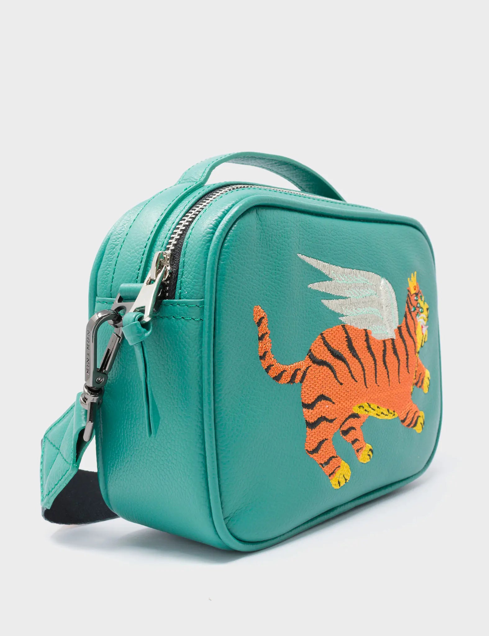 Verto Green Leather Crossbody Bag - Flying Tiger Embroidery - Side Corner View