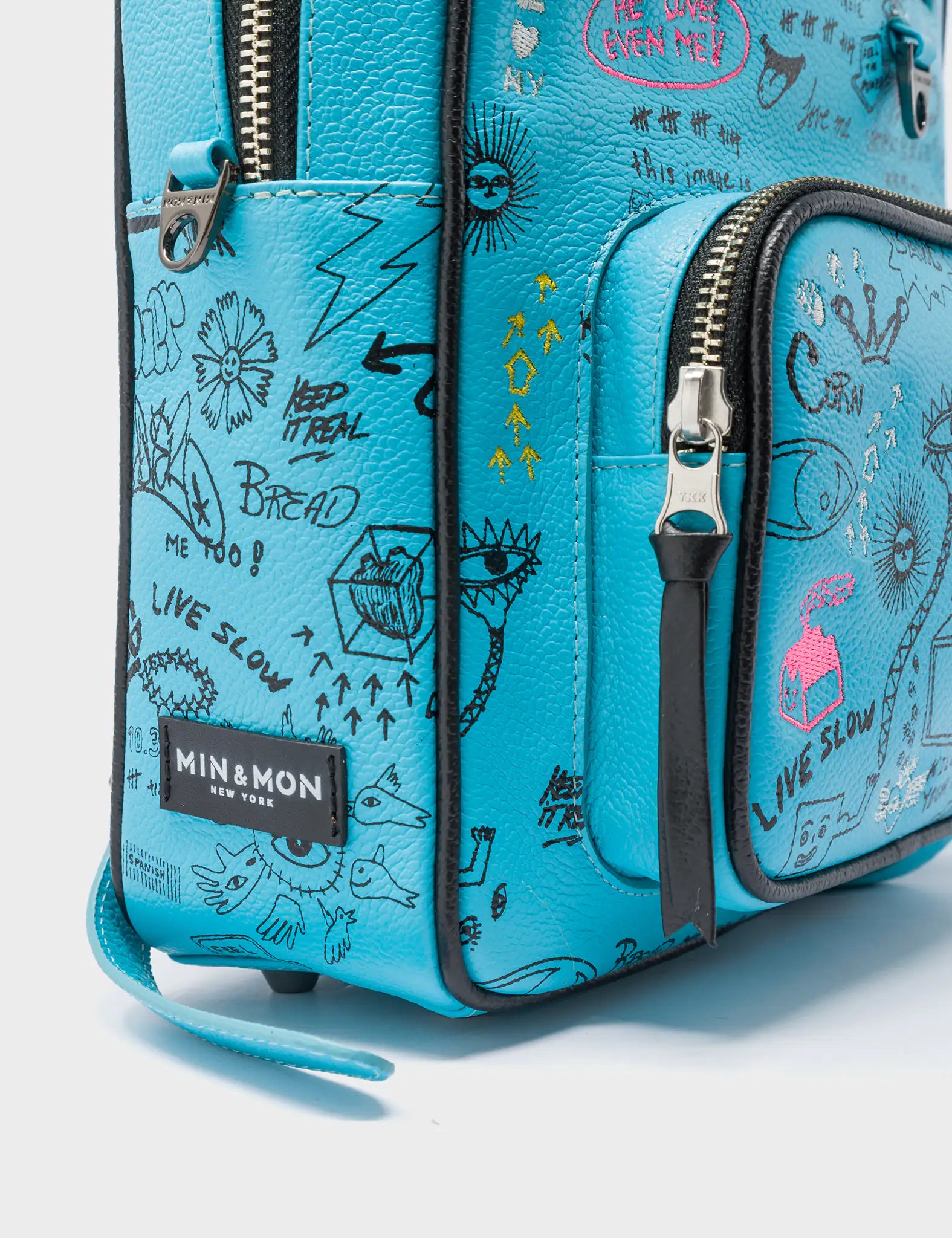 Vinyl Cyan Leather Small Backpack - Urban Doodles Print - Side Corner View