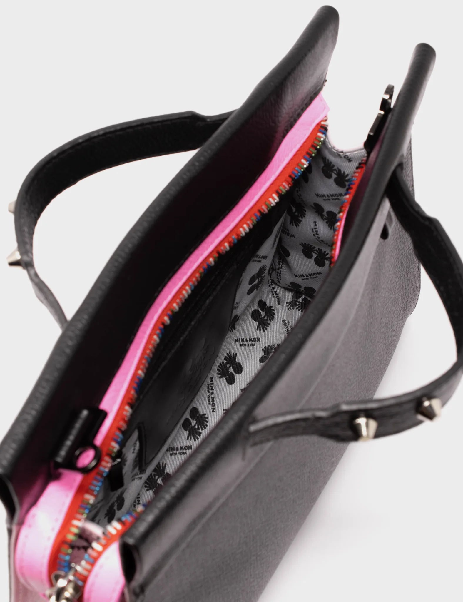 Vali Crossbody Small Parfait Pink And Black Leather Bag - All Over Eyes Embroidery - Open View