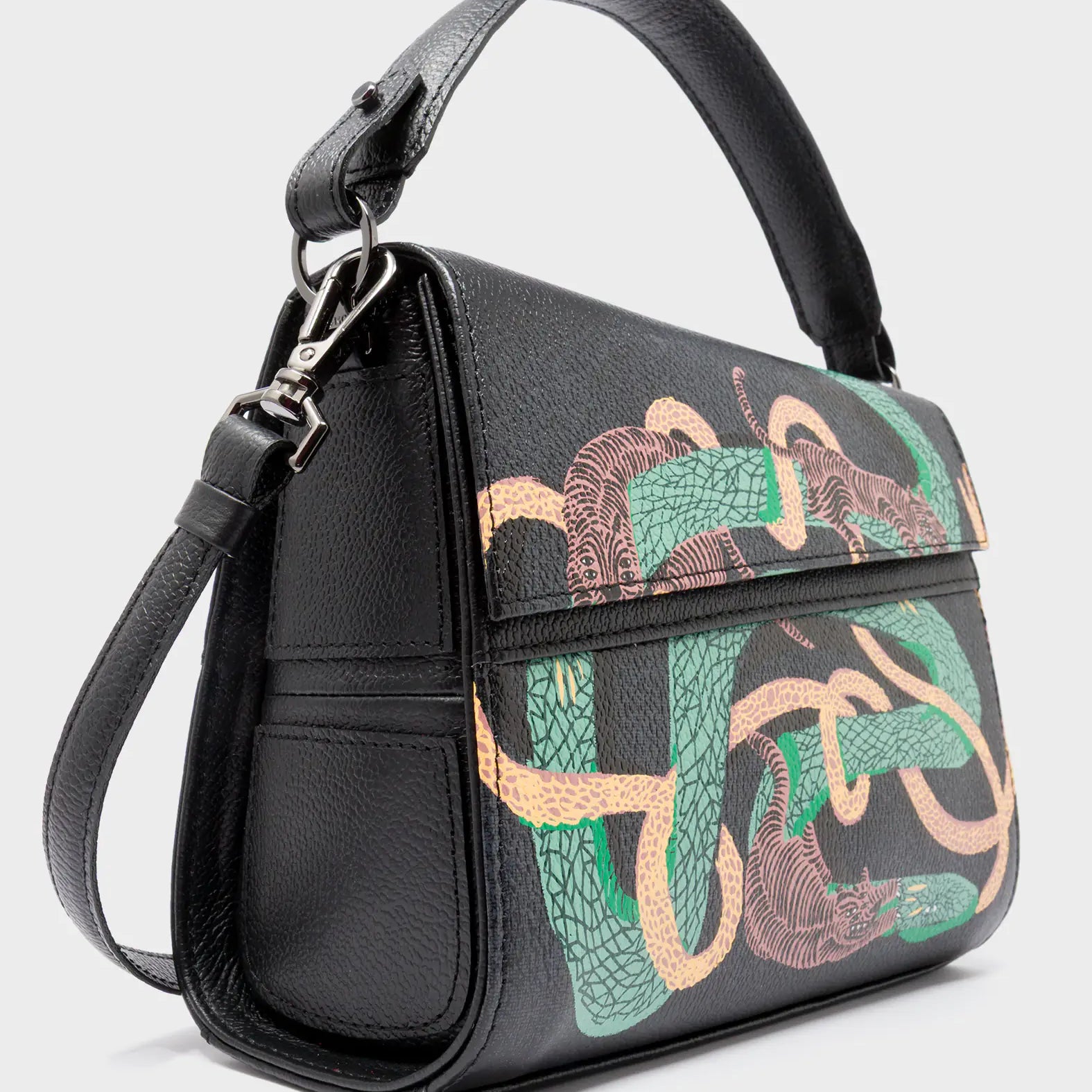 Anastasio Mini Crossbody Handbag Black Leather - Tiger and Snake Print - Side Corner View