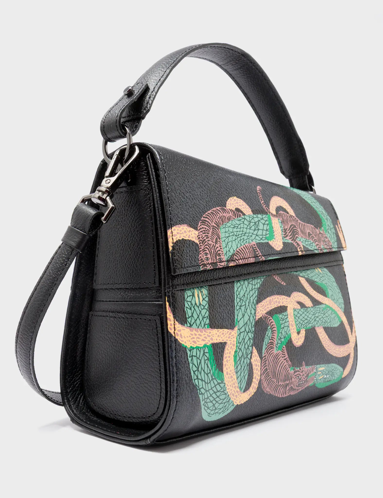 Anastasio Mini Crossbody Handbag Black Leather - Tiger and Snake Print - Side Corner View