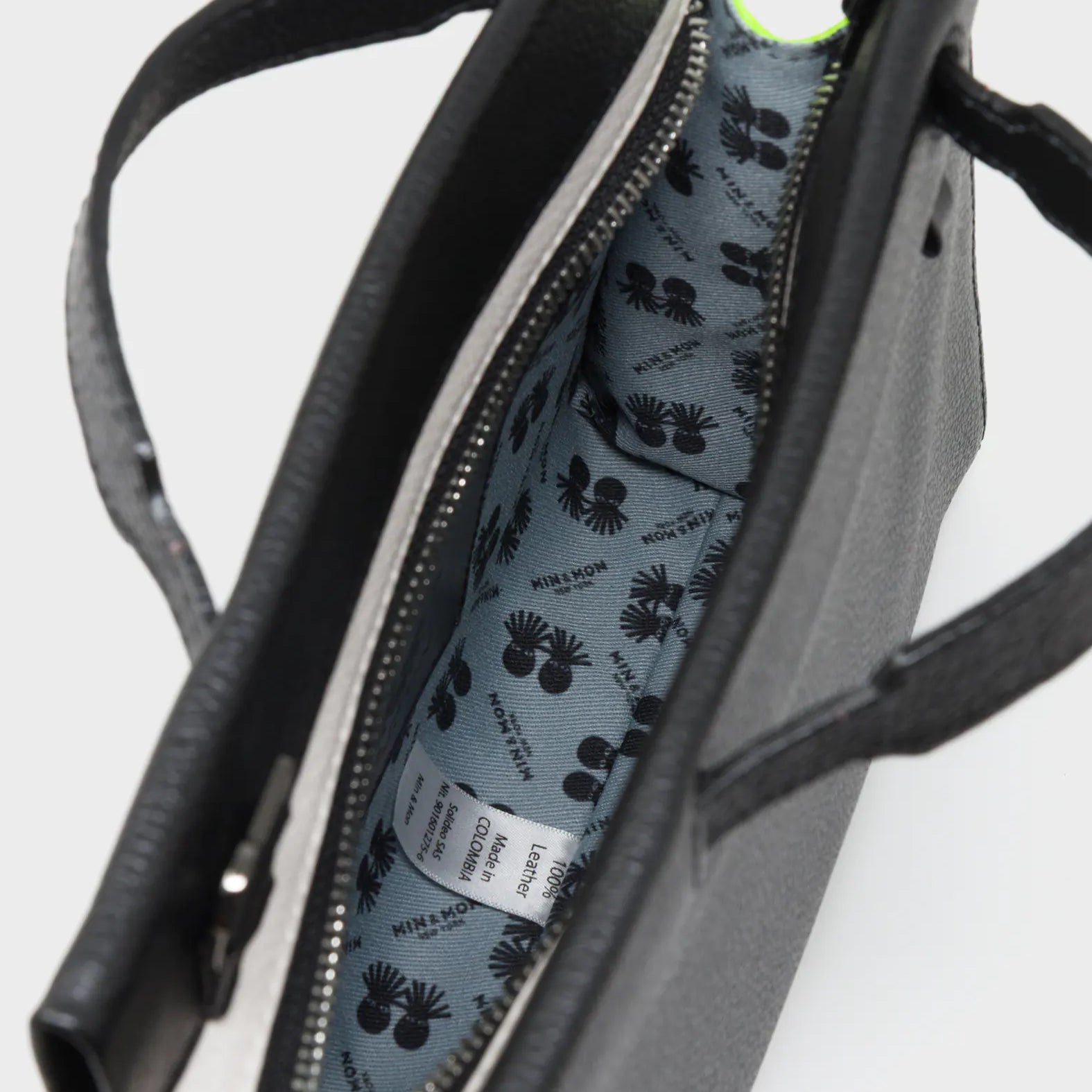 Vali Crossbody Black and Neon Green Leather Bag - All Over Eyes Embroidery - Inside View
