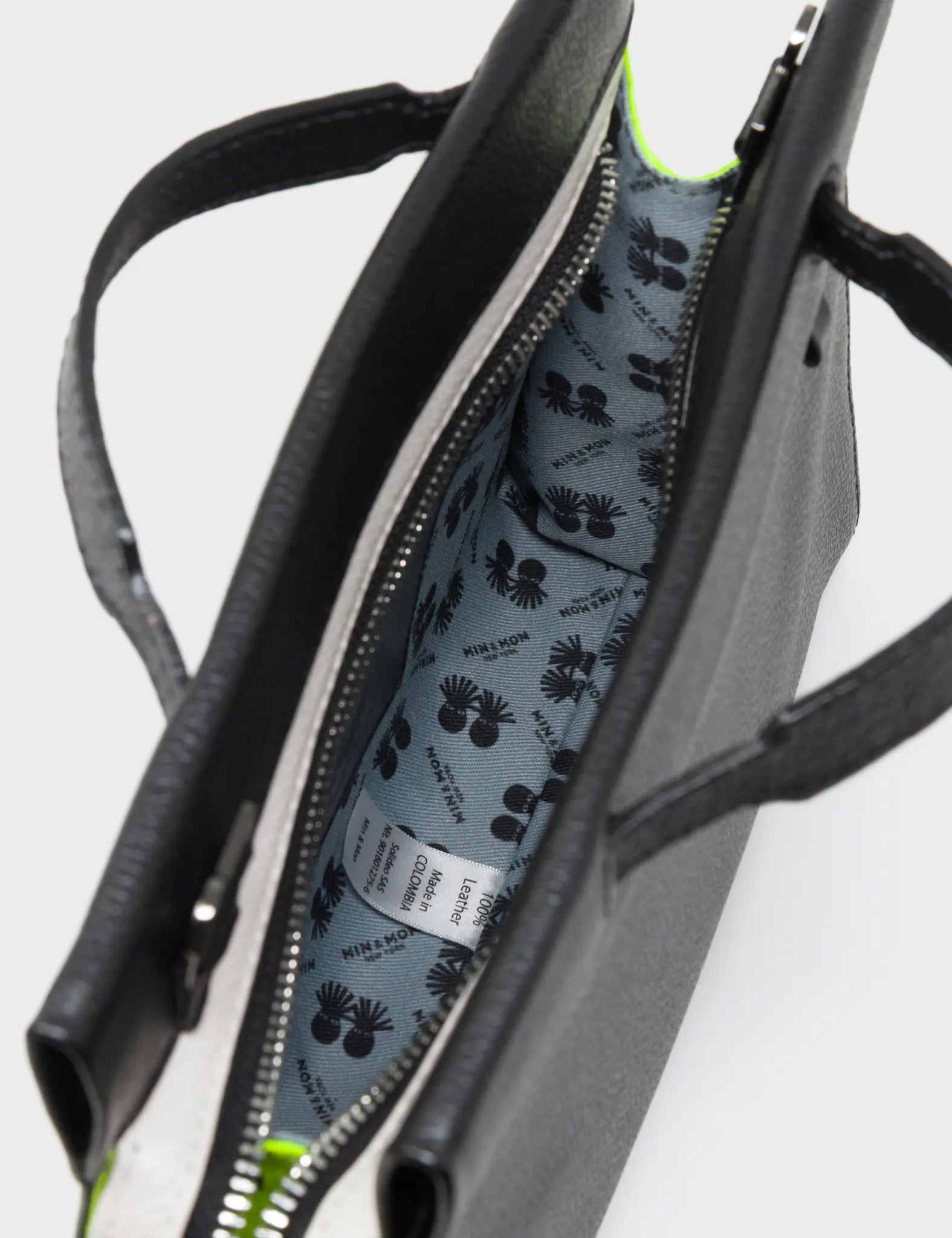 Vali Crossbody Black and Neon Green Leather Bag - All Over Eyes Embroidery - Inside View