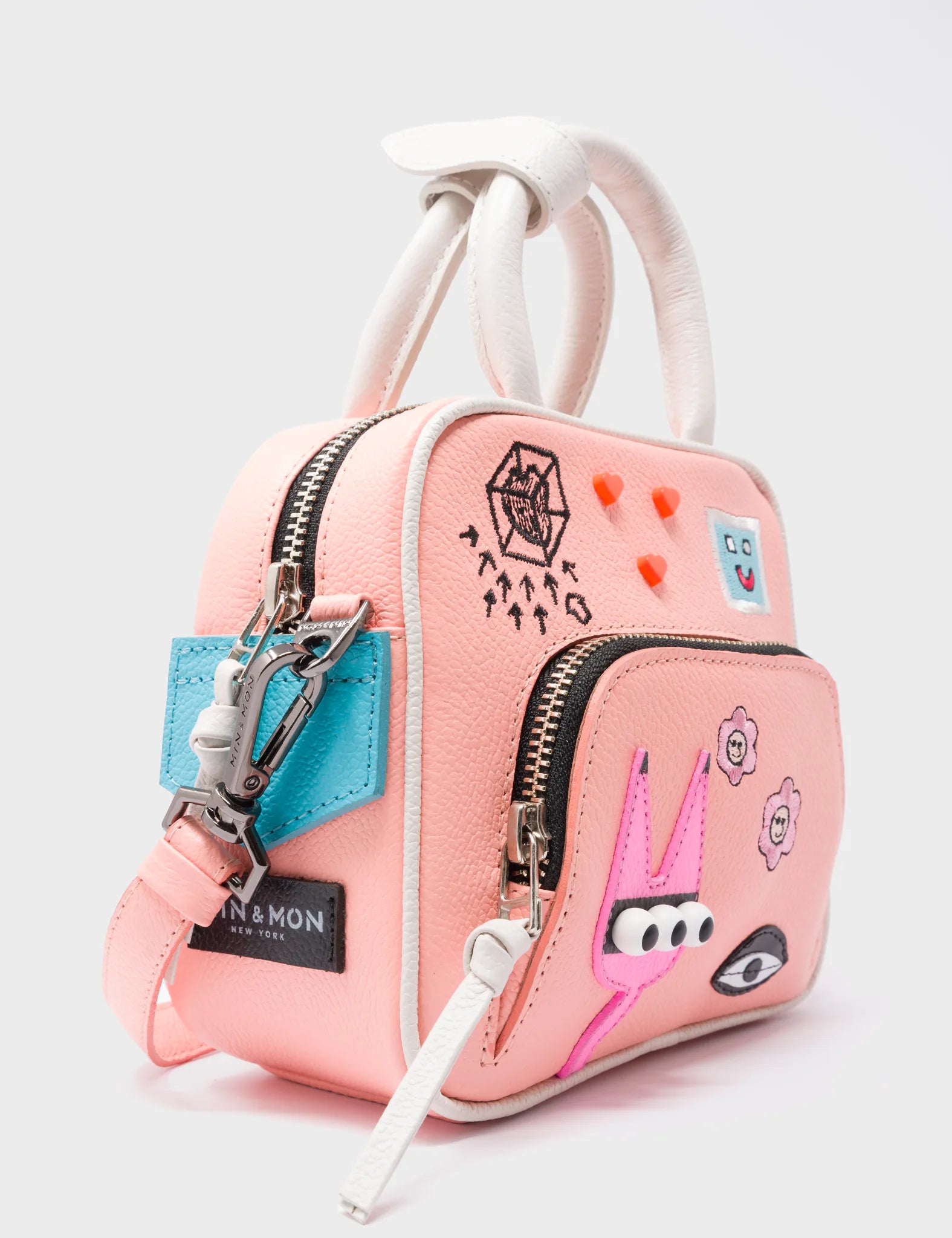 Marino Mini Crossbody Rosa Leather Bag - Graffiti Applique - Side Corner View