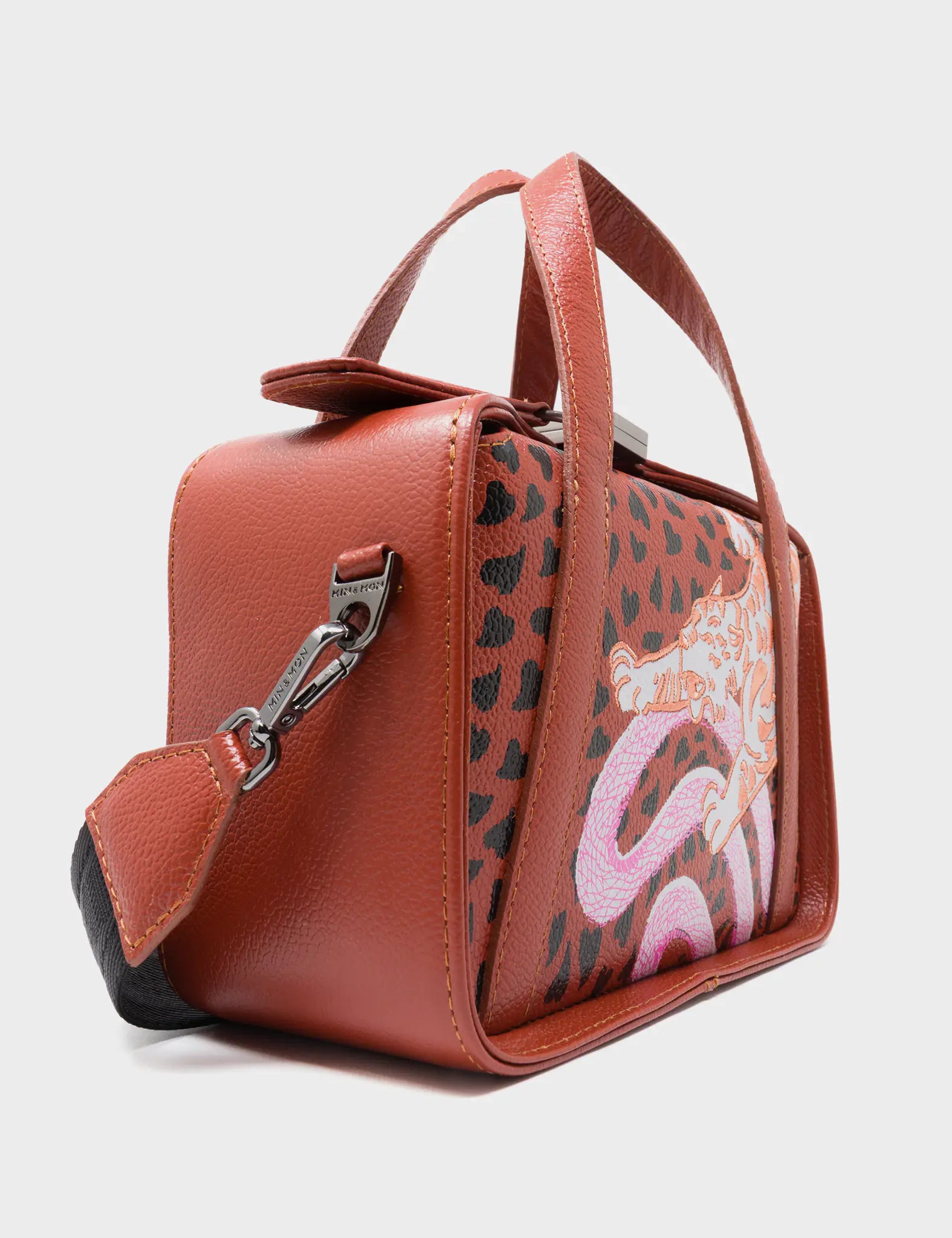 Benji Small Crossbody Baked City Brown Leather Bag -  Retro Tiger Design  - Side Corner View