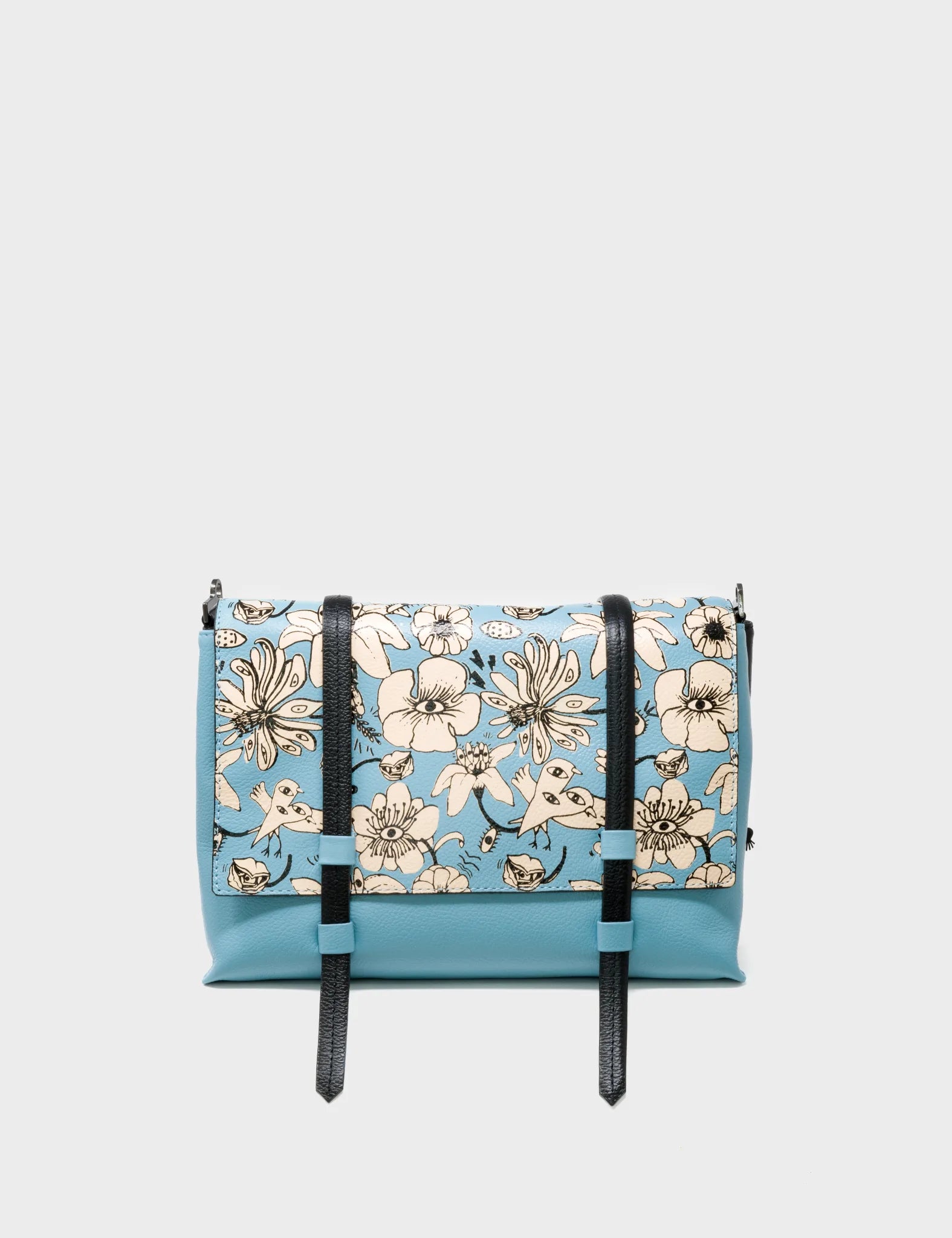 Reversible Small Messenger Bag Balck And Blue Leather - Floral Print - front