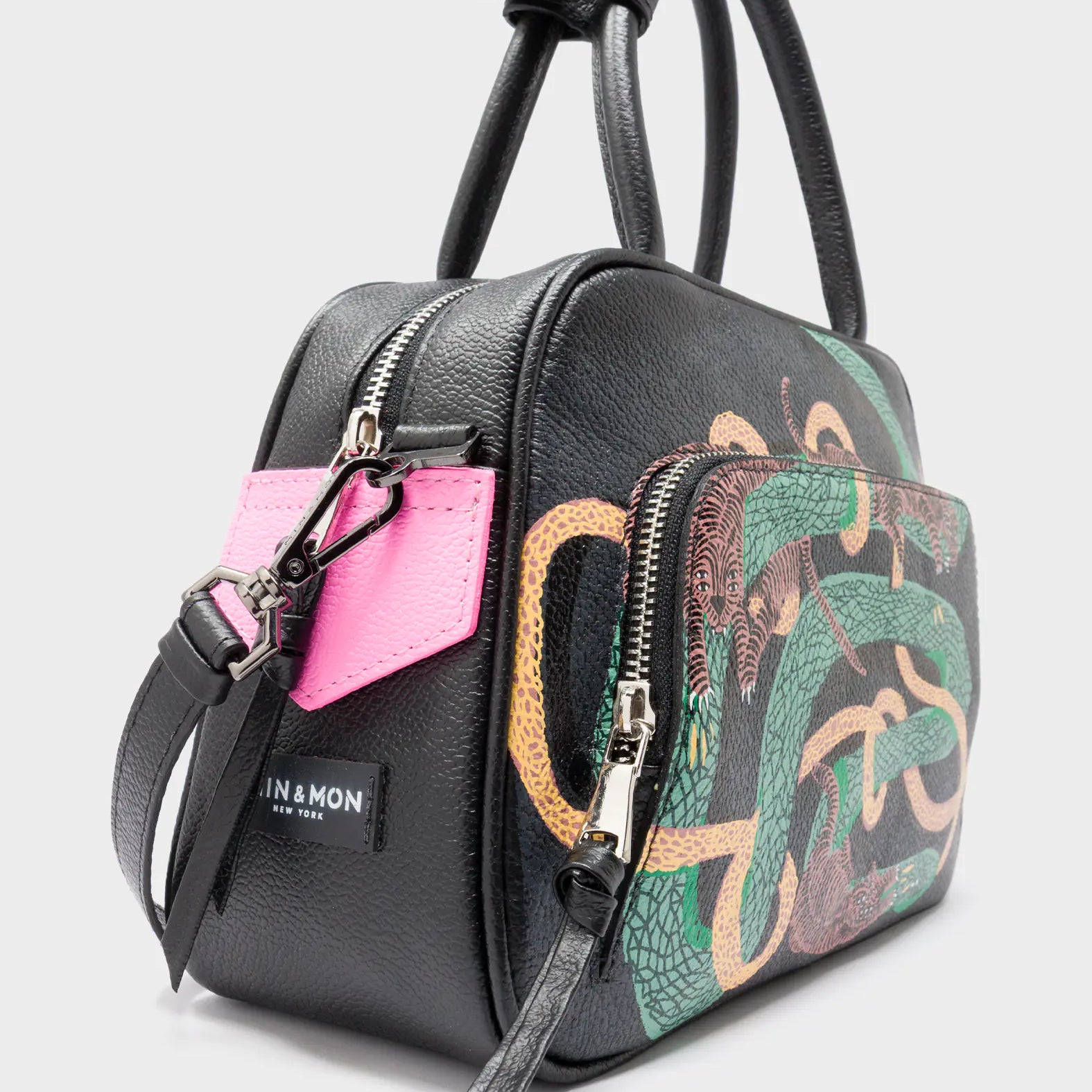 Marino Medium Crossbody Black Leather Bag - Tiger And Snake Print - Side Corner View