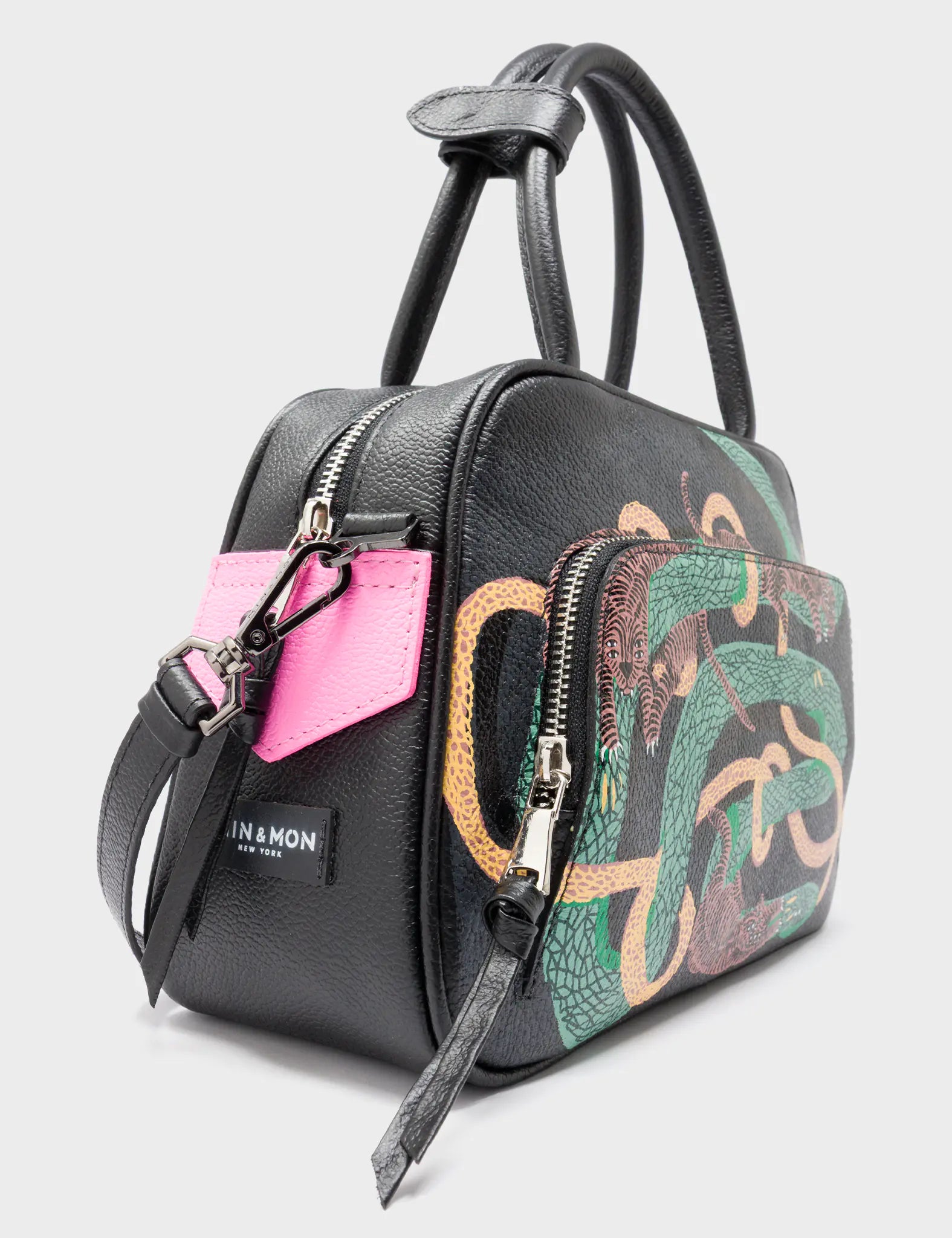 Marino Medium Handbag - Black Leather Tiger and Snake Print