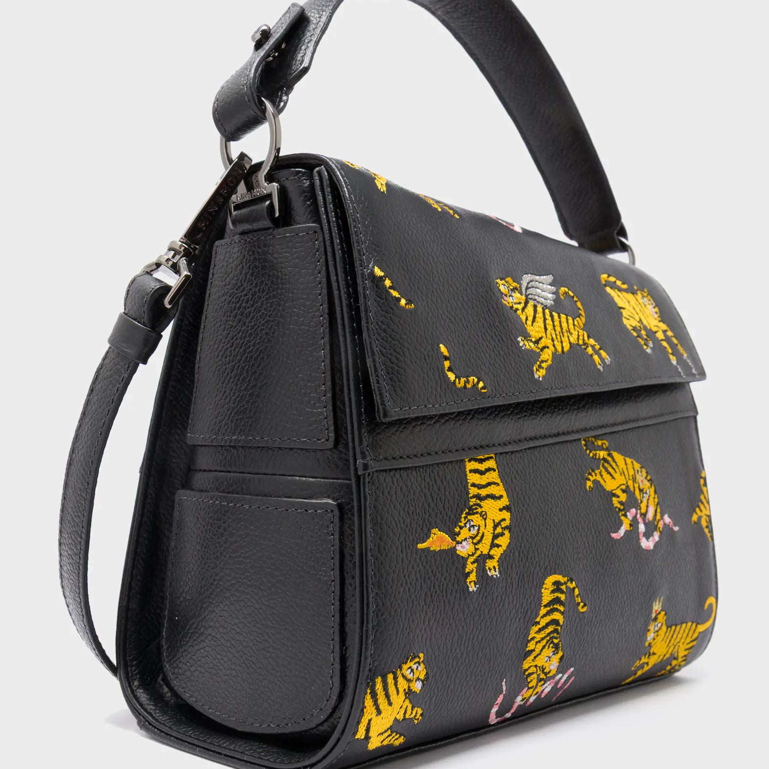Anastasio Mini Crossbody Handbag Black Leather - Tigers Pattern - Side Corner View