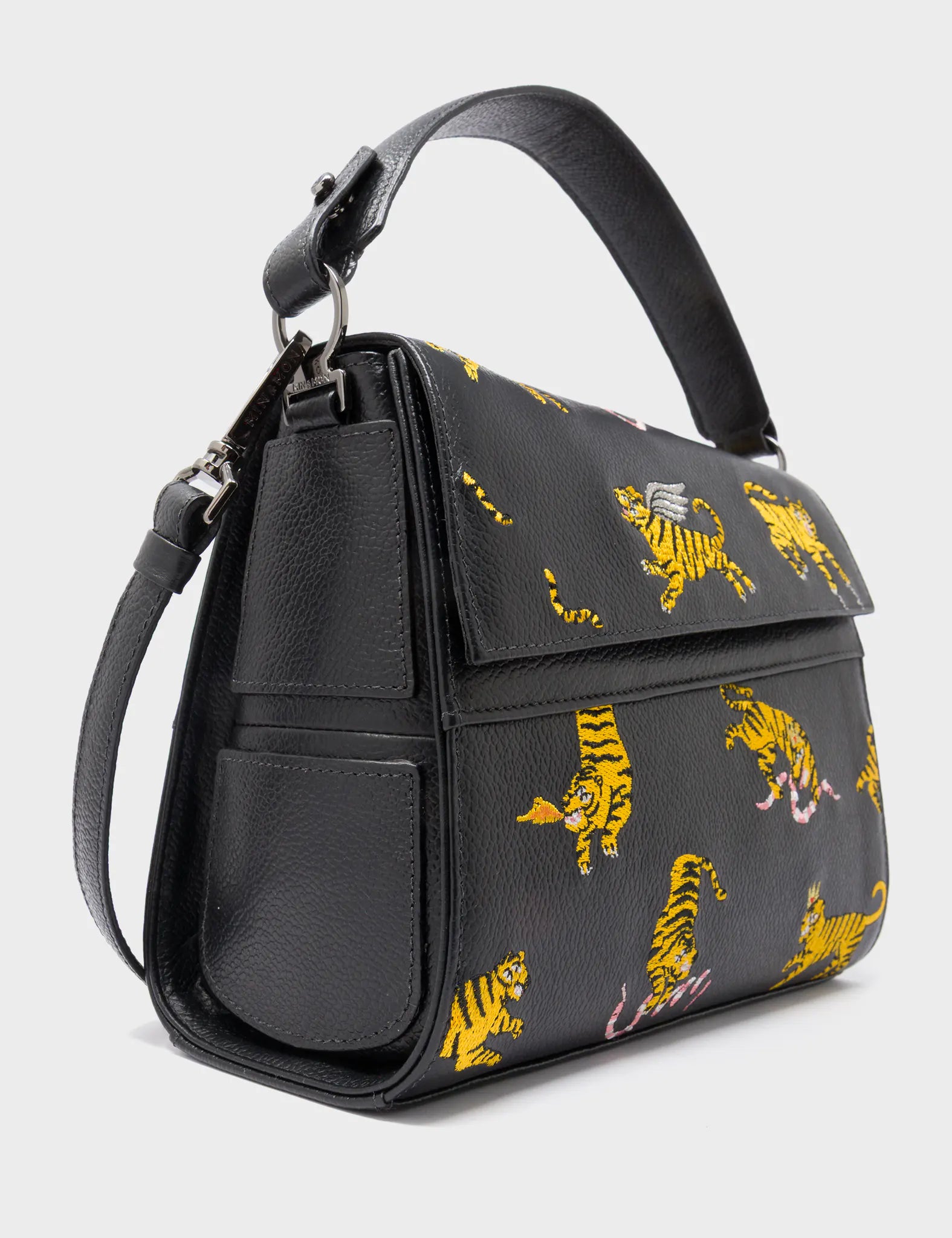 Anastasio Mini Crossbody Handbag Black Leather - Tigers Pattern - Side Corner View