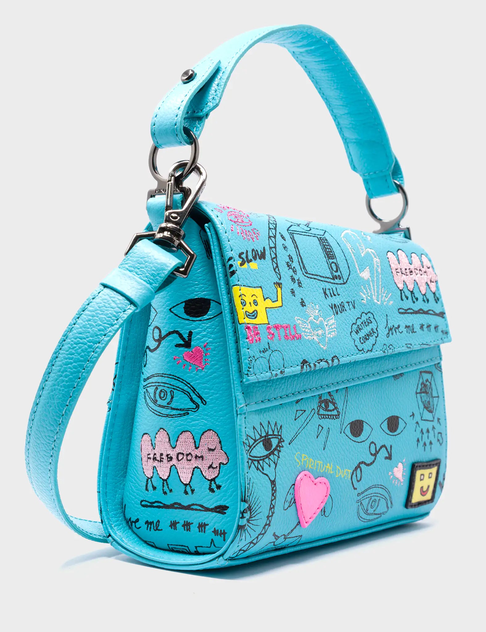 Anastasio Micro Crossbody Handbag Blue Leather - Graffiti Design - Detail View