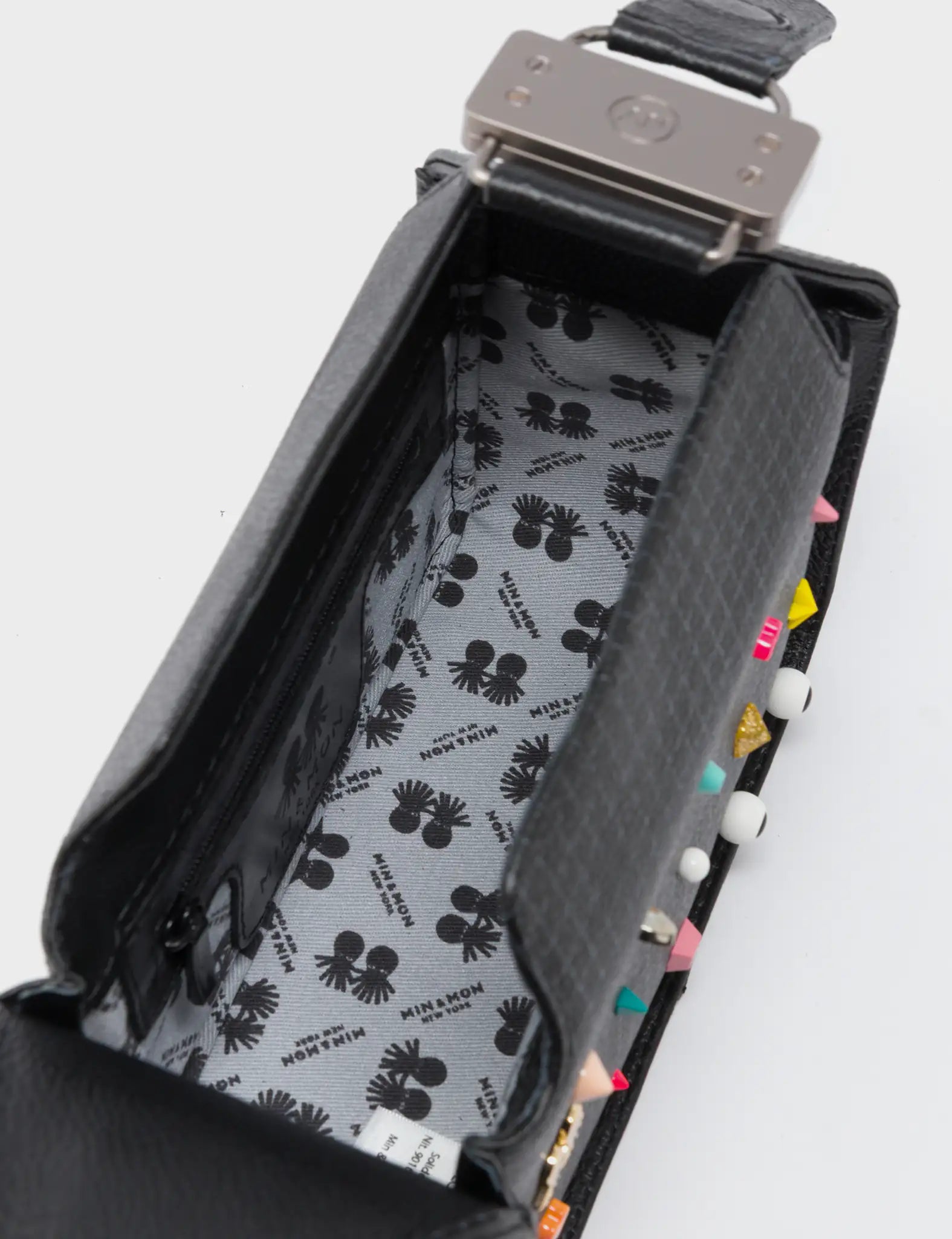 Benji Micro Crossbody Black Leather Bag - Studs Pattern - Open