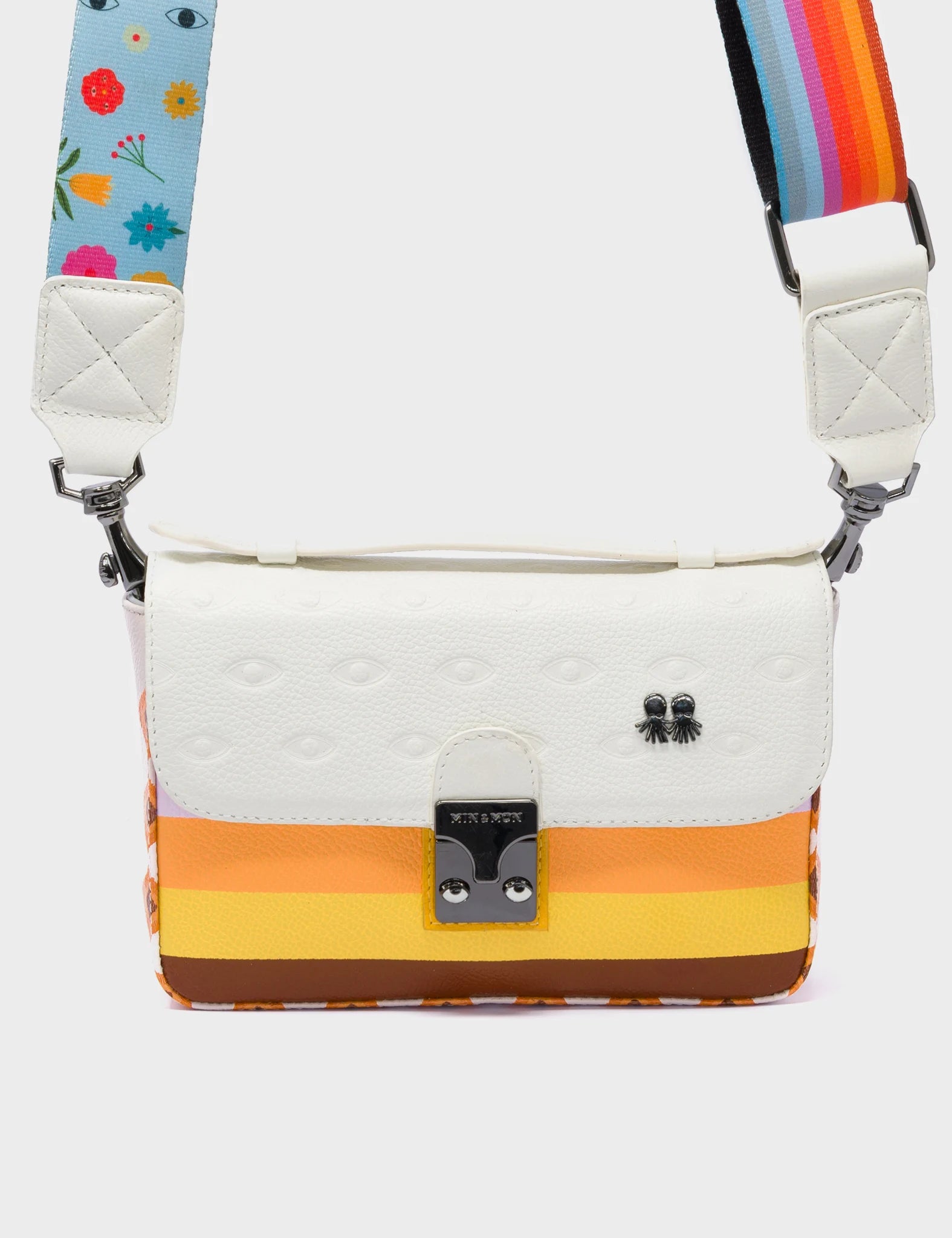 Cream and Marigold Leather Crossbody Mini Handbag - Eyes Pattern Debossed - Front 