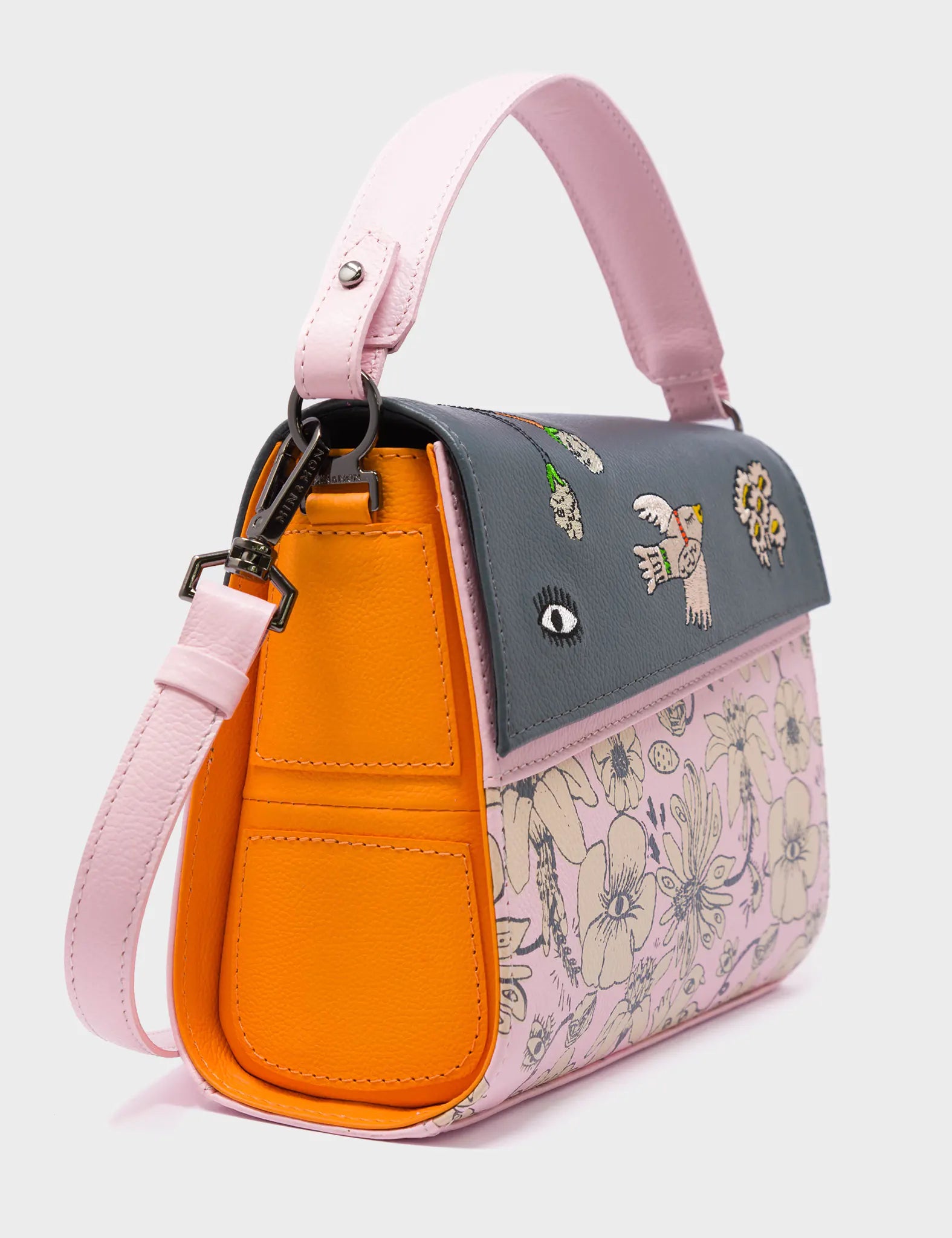 Anastasio Mini Crossbody Handbag Parfait Pink Leather -  Flowers Design - Side