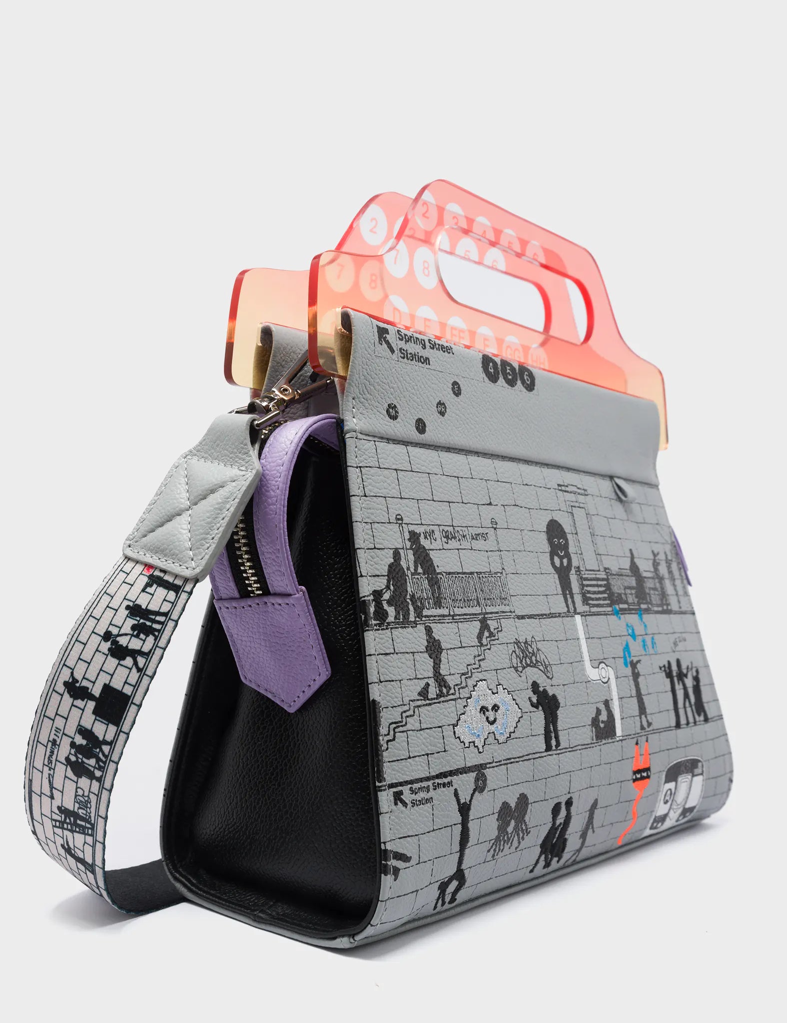 Vali Gray Leather Crossbody Handbag Plastic Handle - Subway Stories Design - Side Corner View