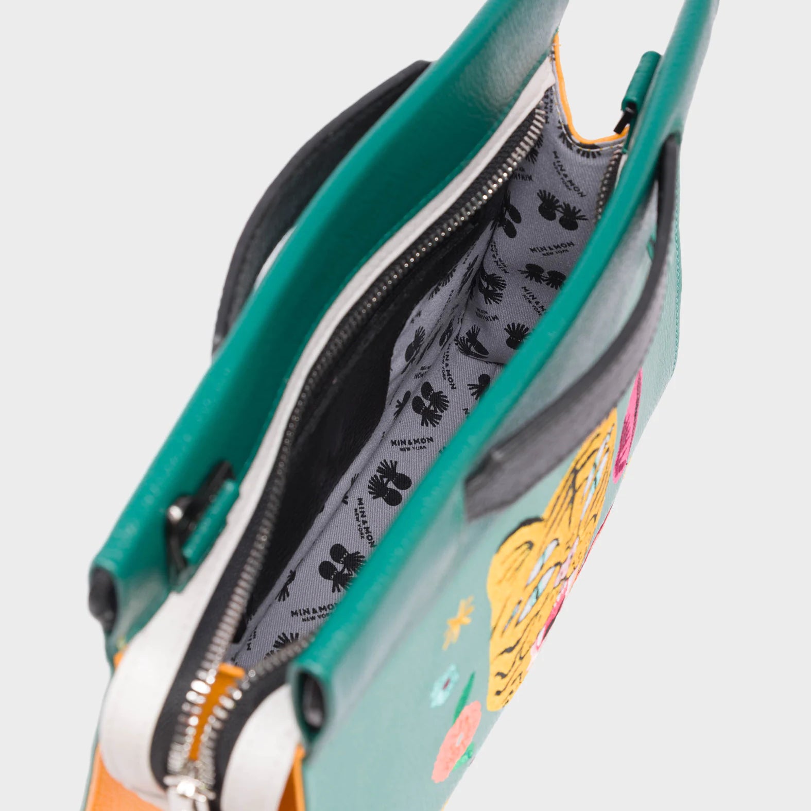 Vali Crossbody Small Deep Sea Green Leather Bag - Tiger and Flowers Embroidery - Detail View