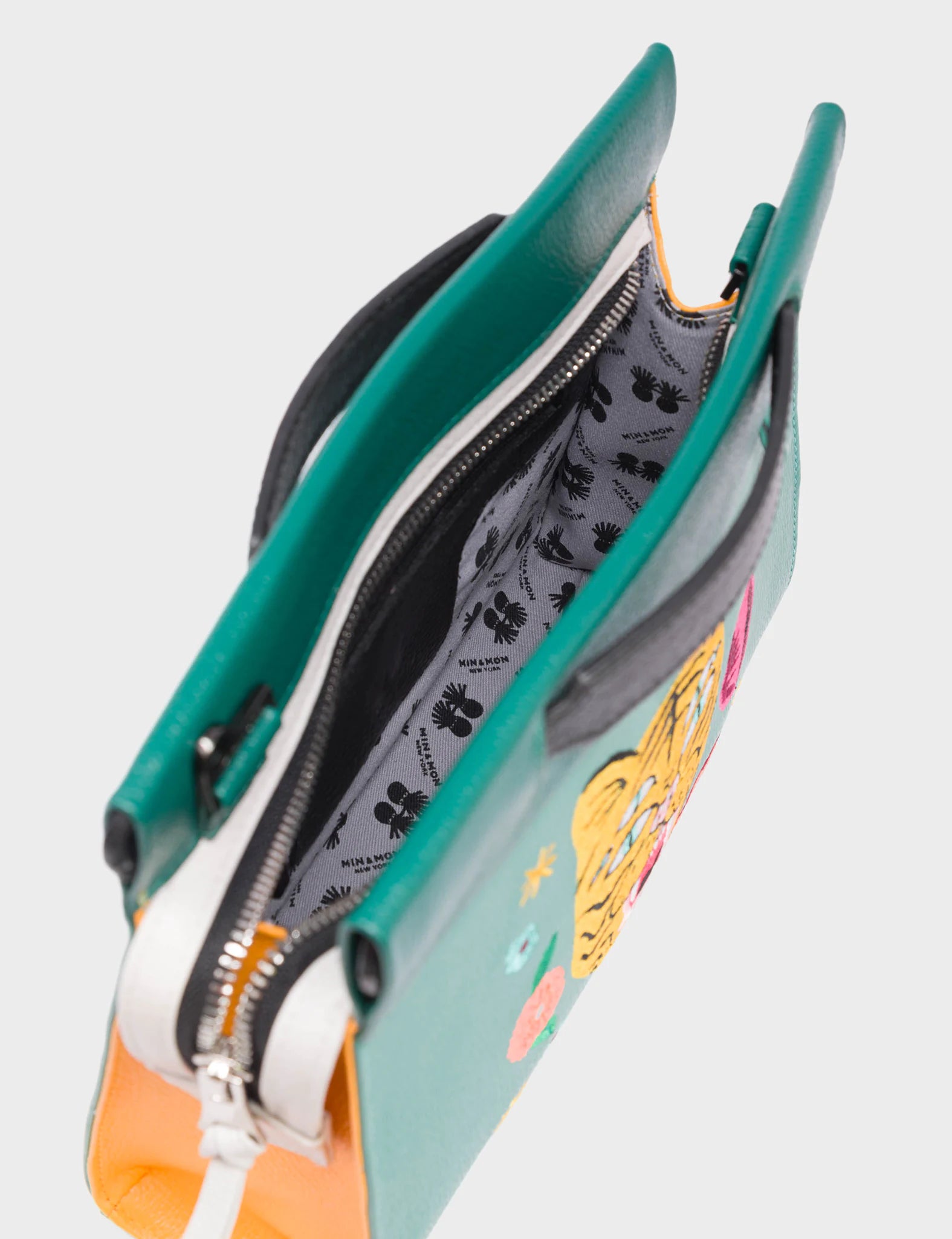 Vali Crossbody Small Deep Sea Green Leather Bag - Tiger and Flowers Embroidery - Detail View