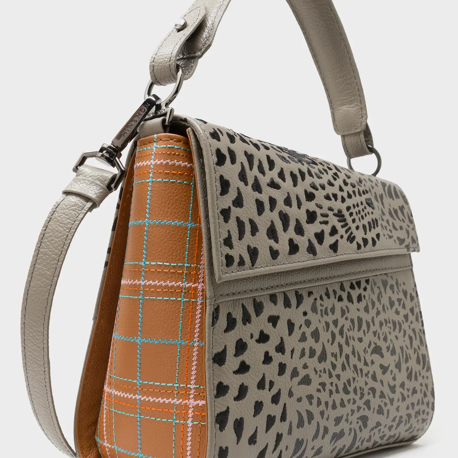 Anastasio Mini Crossbody Handbag Tuffet Brown Leather - Retro Tiger Embroidery - Side View