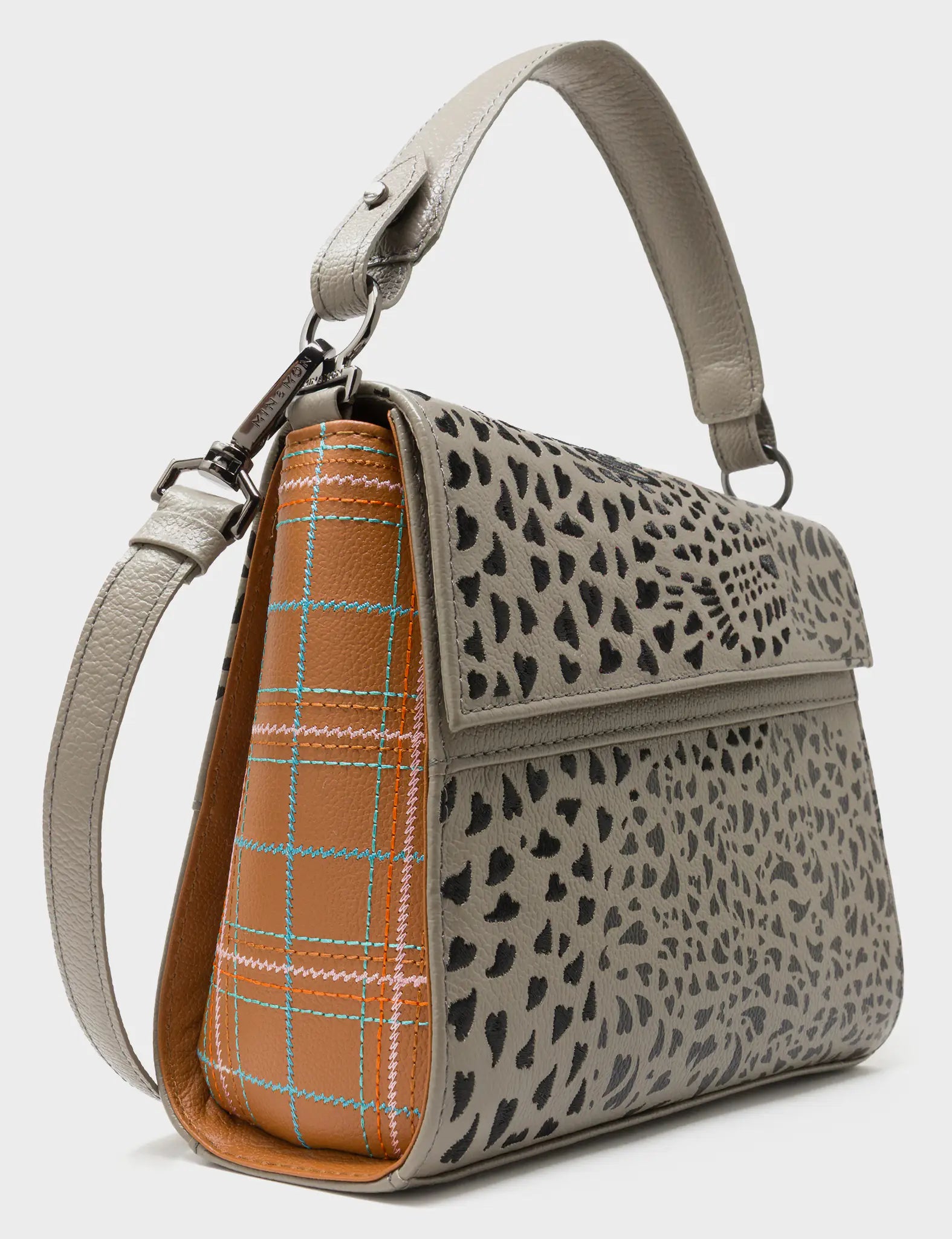 Anastasio Mini Crossbody Handbag Tuffet Brown Leather - Retro Tiger Embroidery - Side View