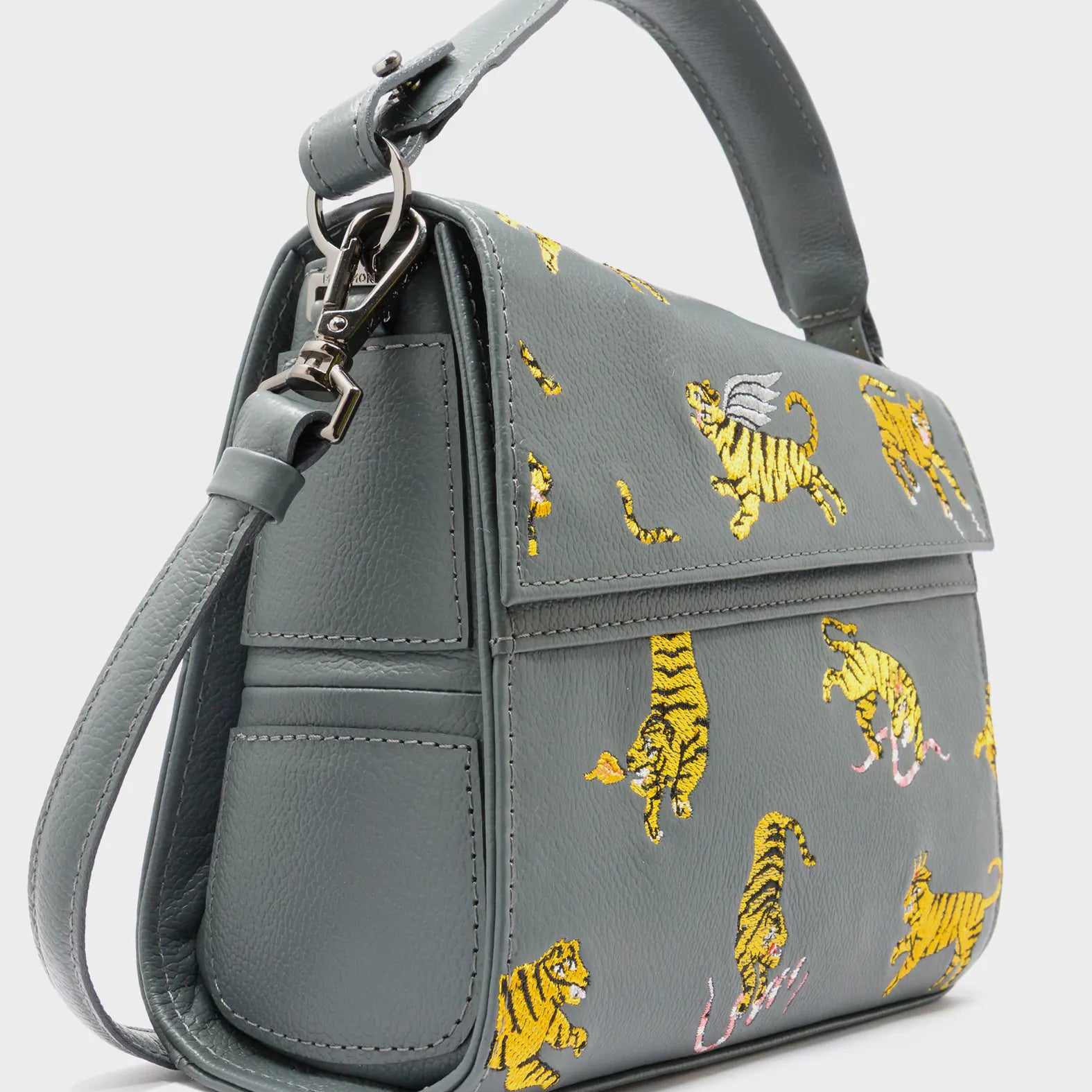 Anastasio Mini Crossbody Handbag Stormy Gray Leather - Tiger And Snake Print - Side Corner View