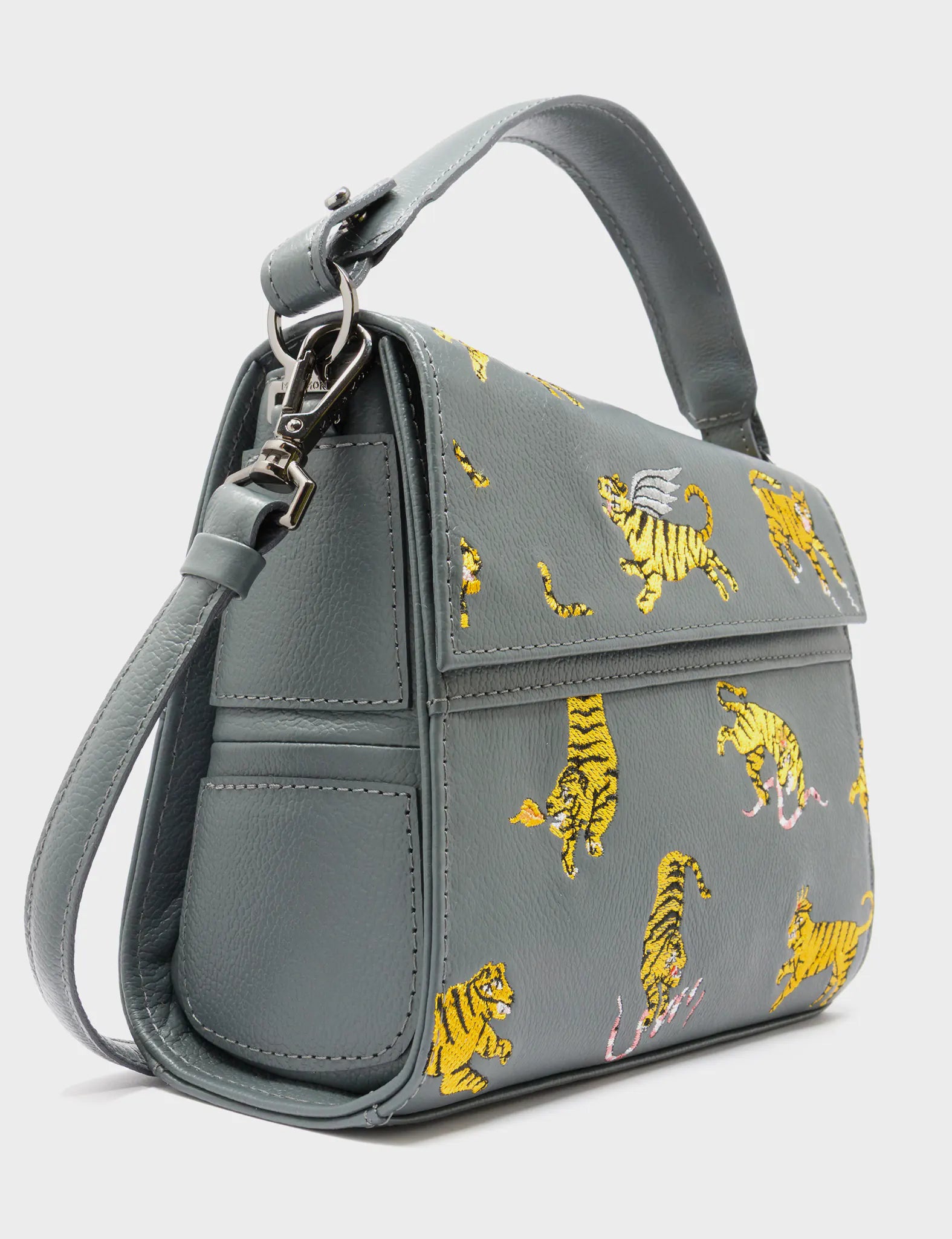 Anastasio Mini Crossbody Handbag Stormy Gray Leather - Tiger And Snake Print - Side Corner View