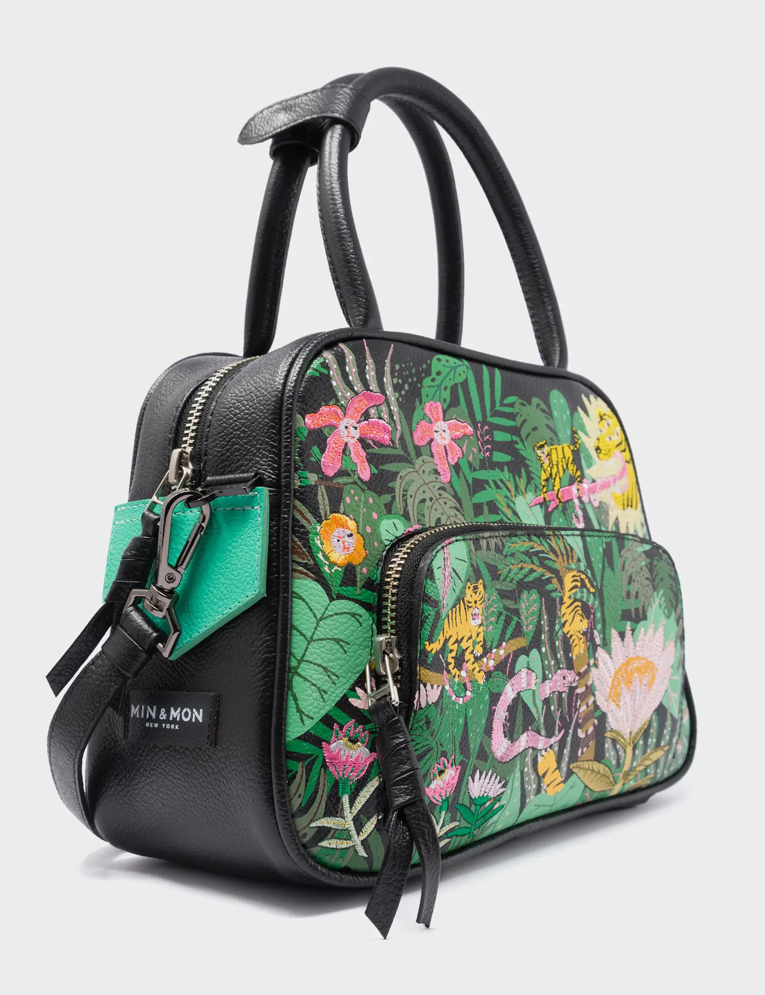 Marino Medium Crossbody Black Leather Bag - El Trópico Print & Embroidery Design - Side View