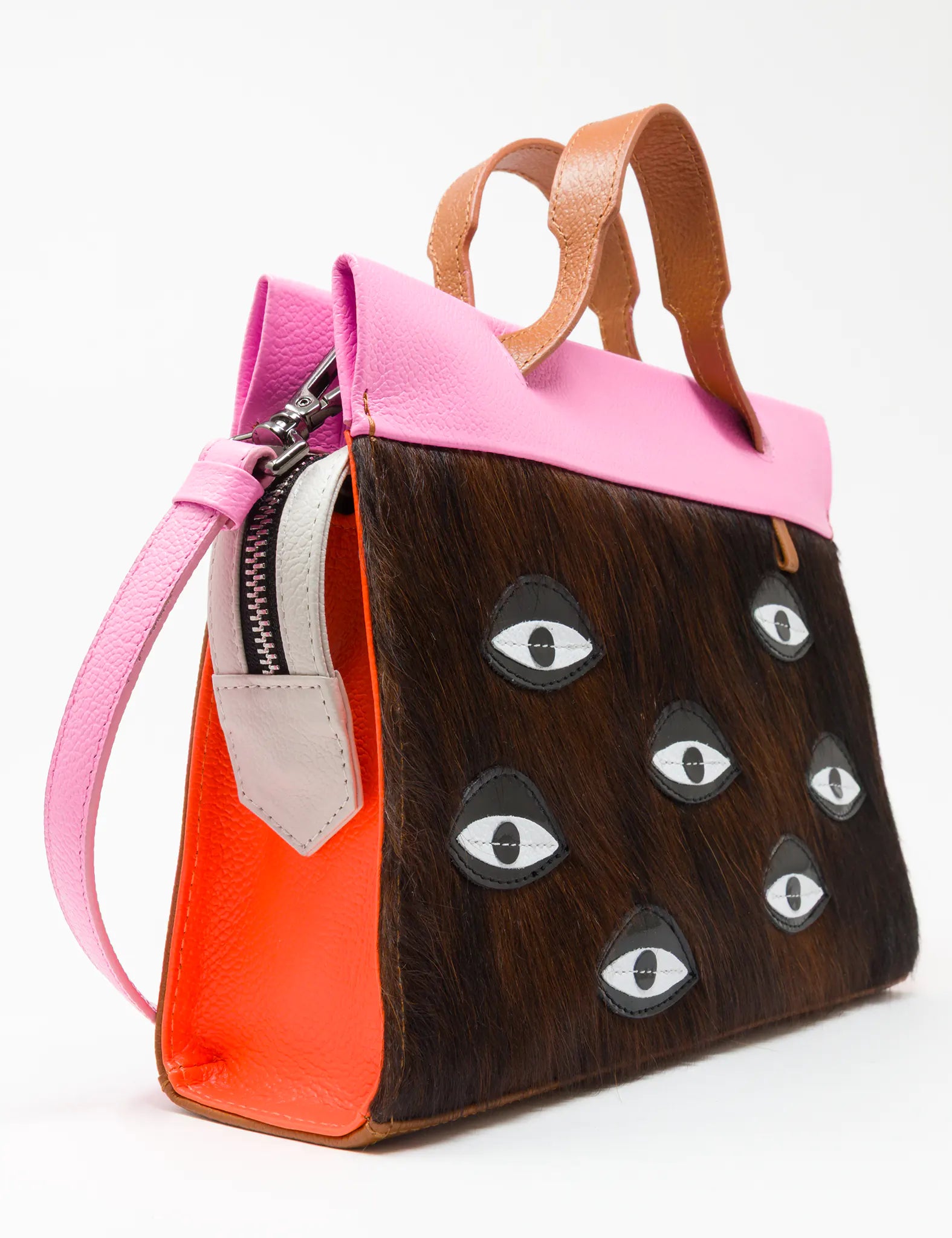 Vali Crossbody Small Bubblegum Pink And Neon Orange Leather Bag - Eyes Applique Adjustable Handle - Side View