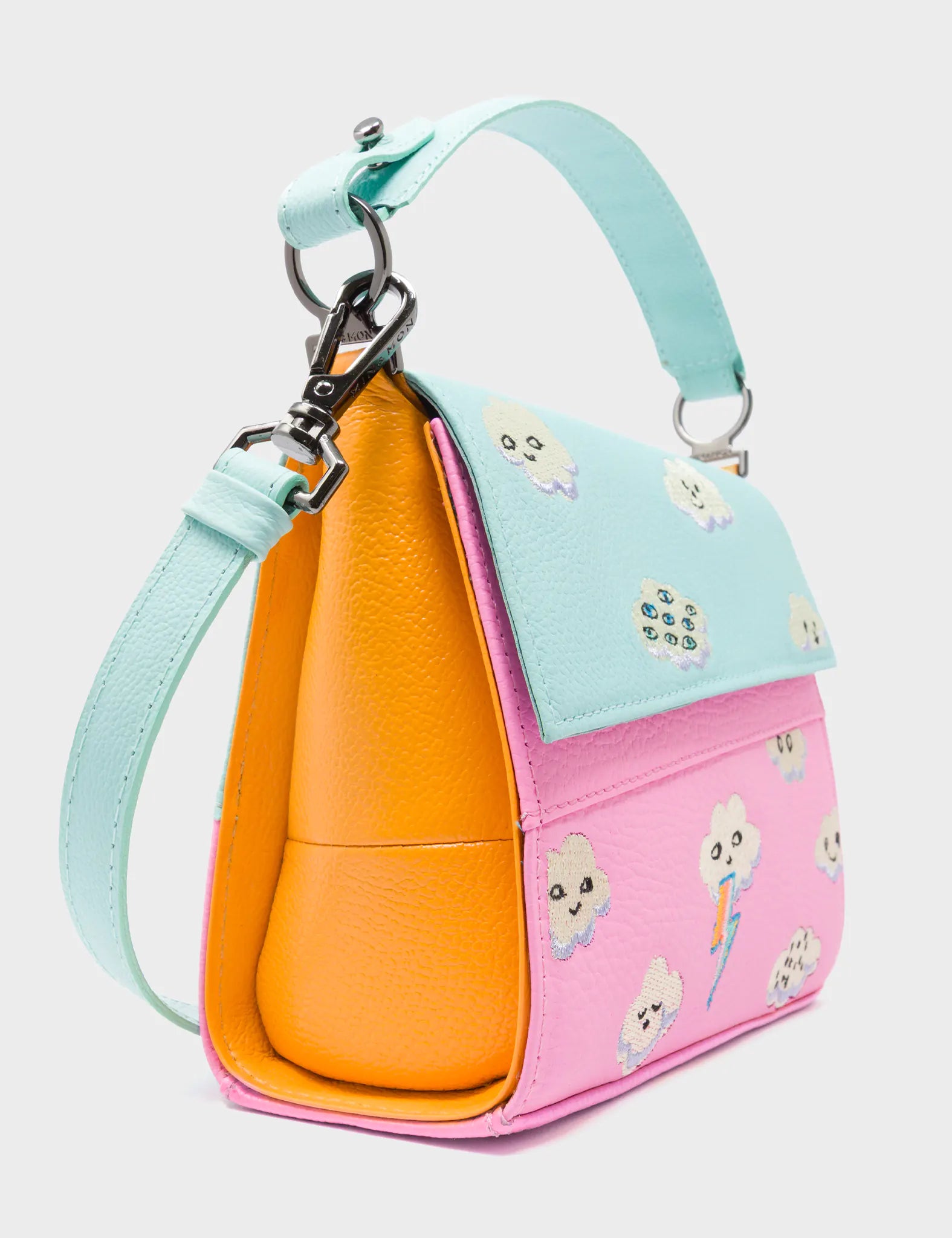 Anastasio Micro Crossbody Handbag Water Ballet Blue and Bubblegum Pink Leather - Happy Clouds Design - Side Corner View