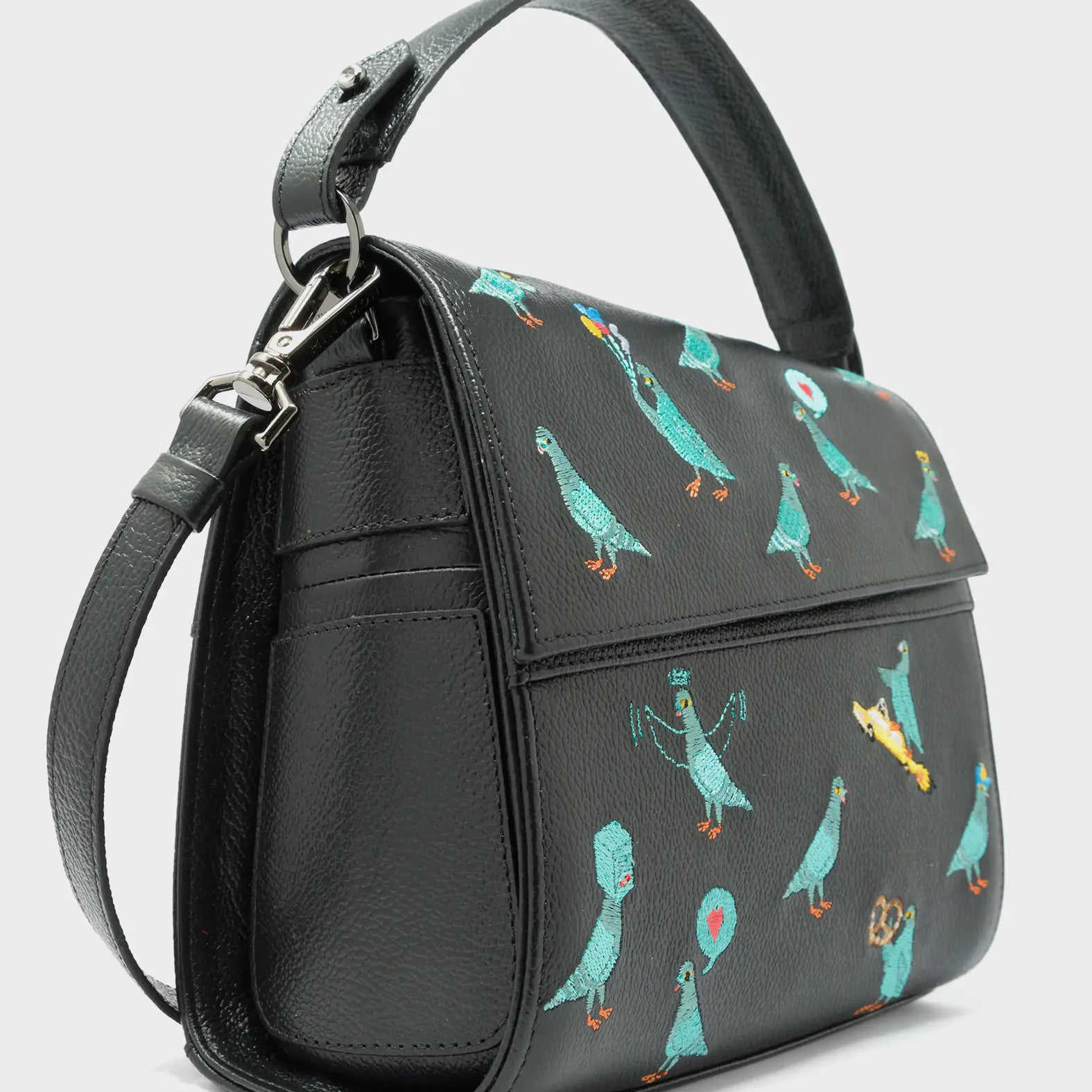 Anastasio Mini Crossbody Handbag Black Leather - Pigeonzilla Embroidery - Side View