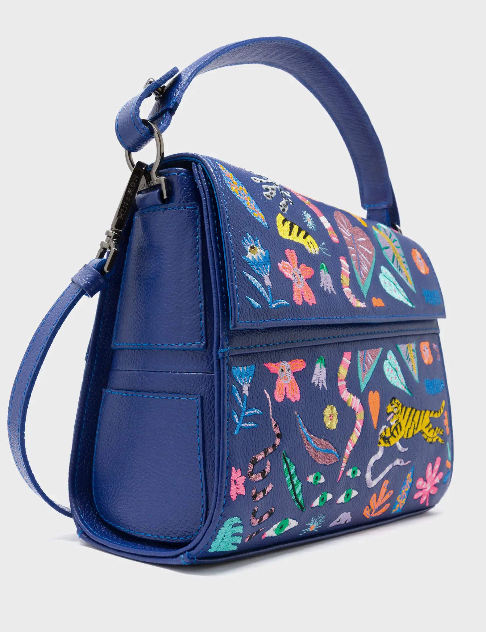 Anastasio Mini Crossbody Handbag Royal Blue Leather - Autumn Blush Embroidery - Side Corner View