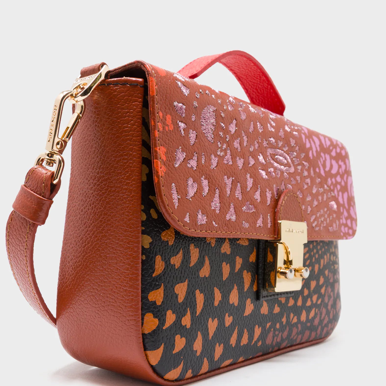 Amantis Baked City Brown Leather Crossbody Mini Handbag - Retro Tiger Design - Detail