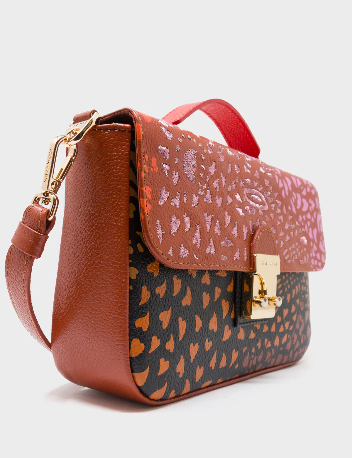 Amantis Baked City Brown Leather Crossbody Mini Handbag - Retro Tiger Design - Detail