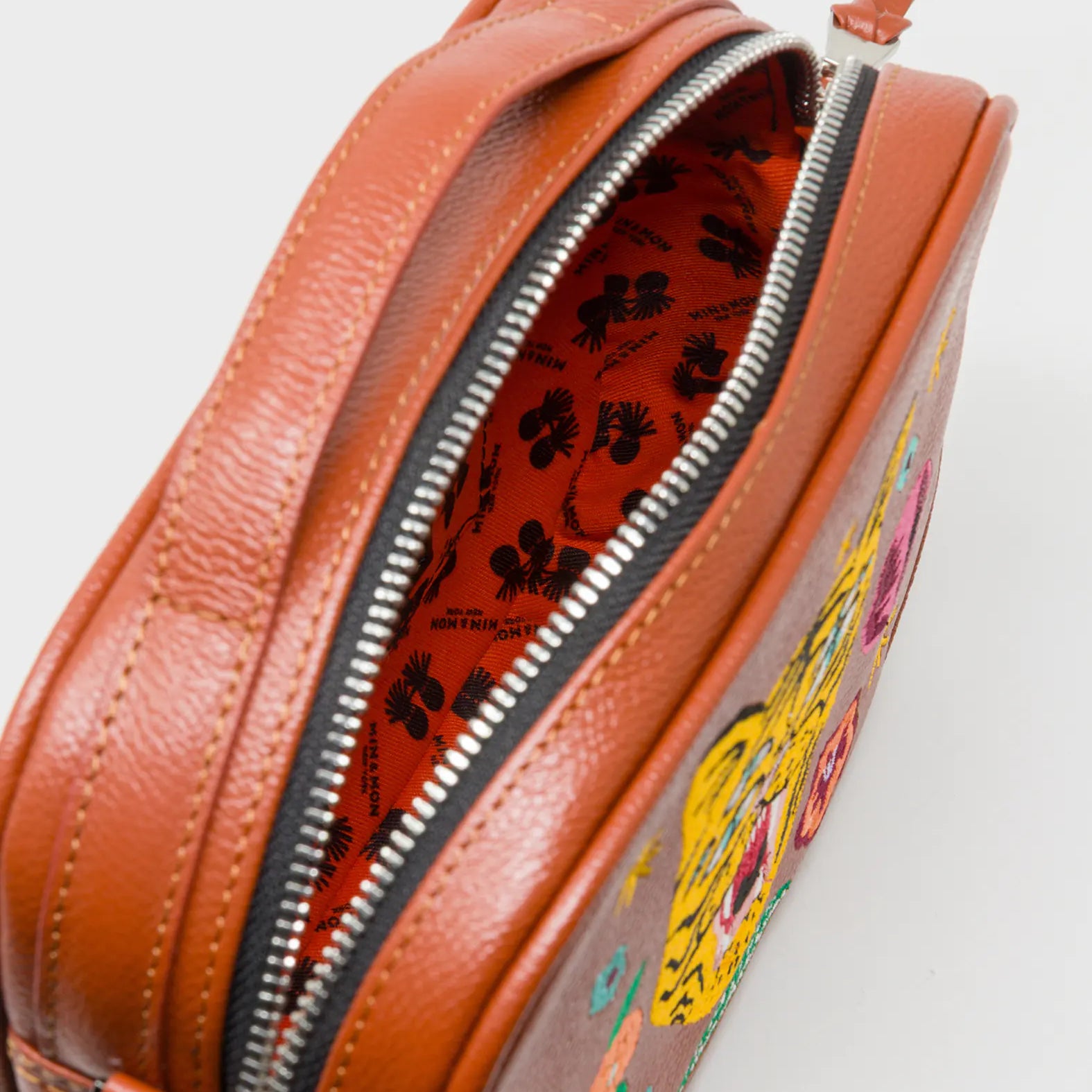 Verto Baked City Brown Leather Crossbody Bag - Happy Tiger Embroidery - Inside VIew